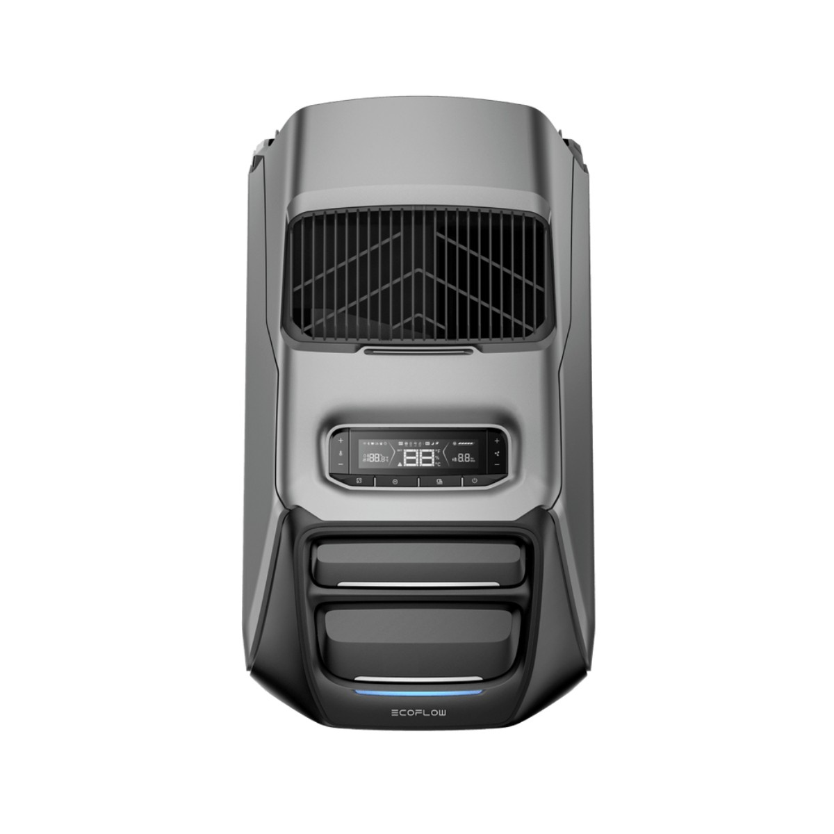 Srebrno-czarna stacja zasilania. Posiada ekran i dwa schowki. Widoczna nazwa marki 'ECOFLOW'.