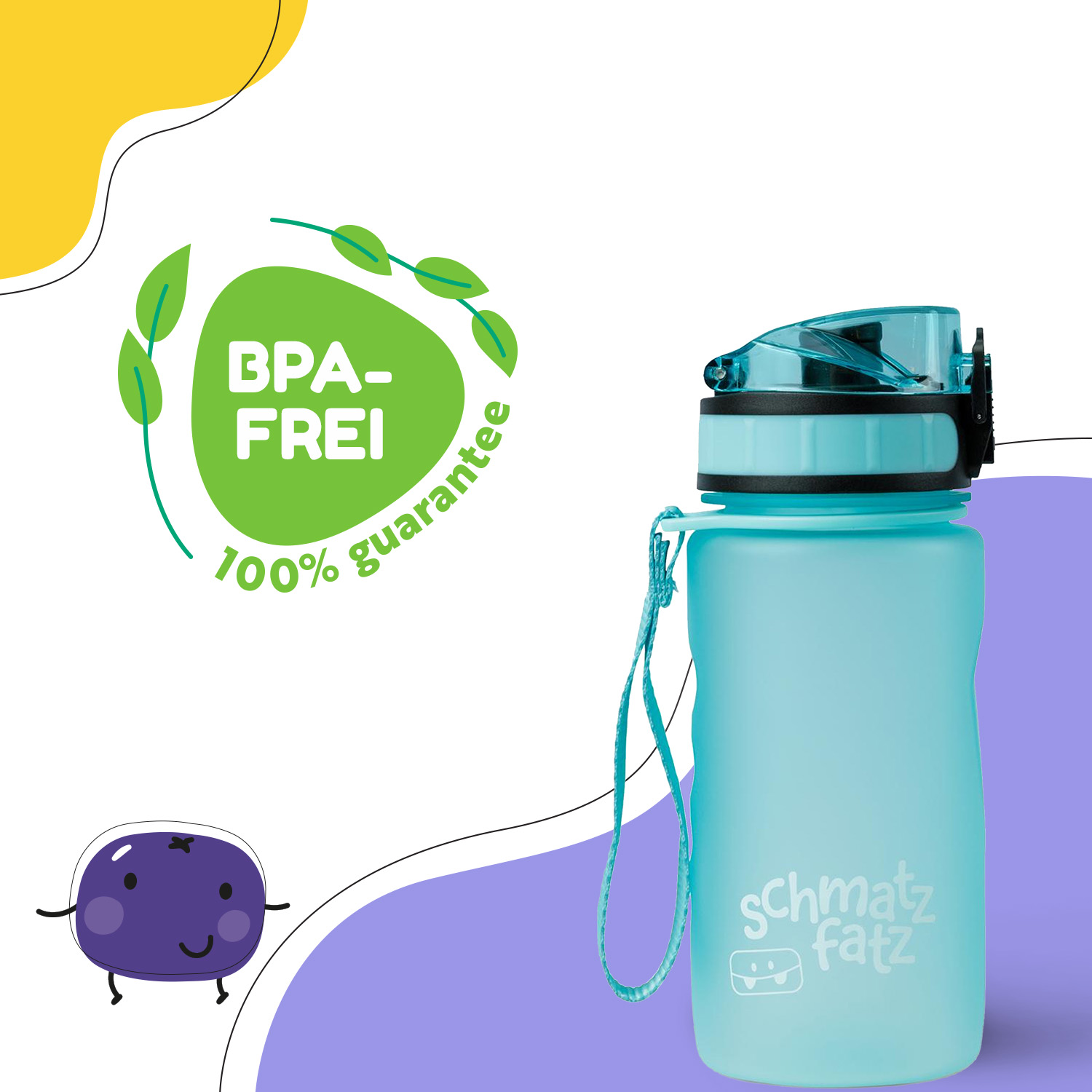 Una bottiglia d'acqua azzurra con tappo nero. Ha un logo verde senza BPA e uno sfondo viola con un mirtillo.