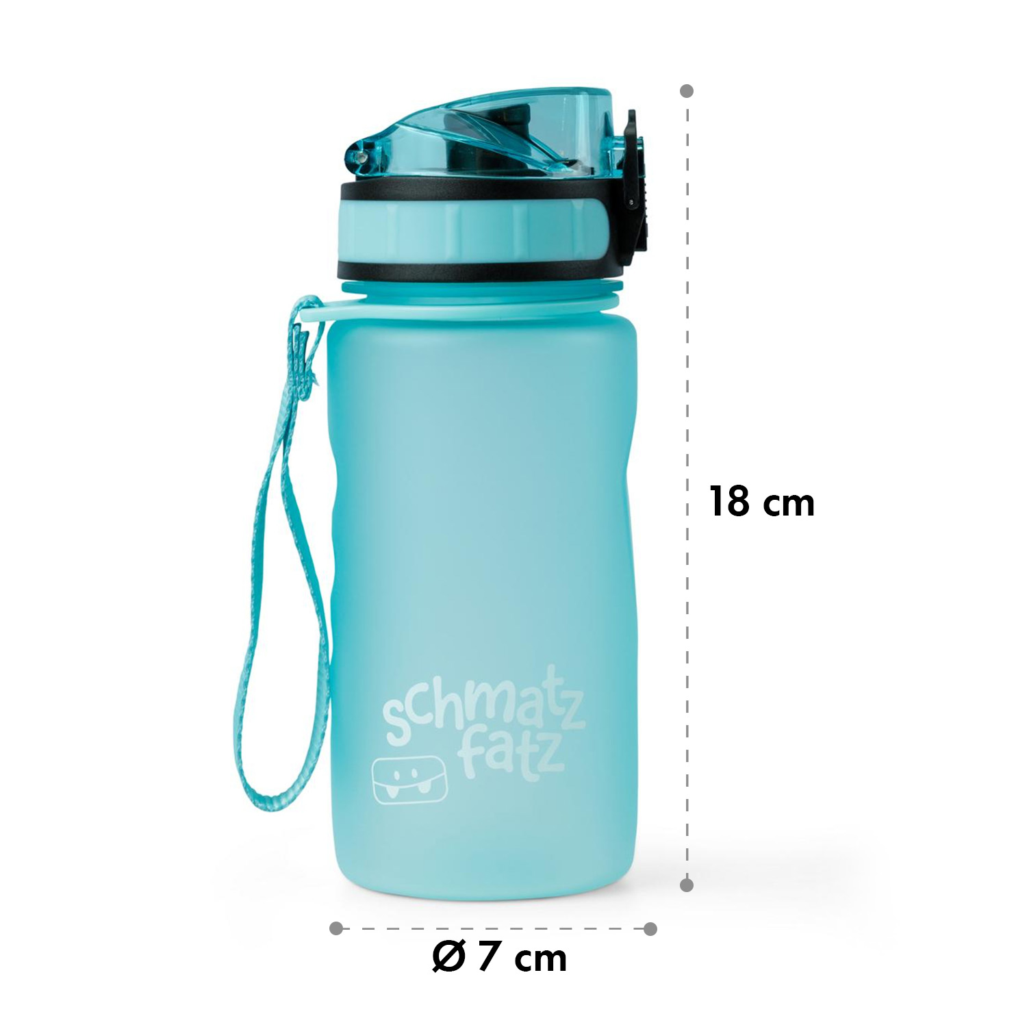 Una borraccia azzurra con tappo nero e cinturino. Ha il testo 'schmatz fatz'. Dimensioni: 18 cm altezza, 7 cm larghezza.