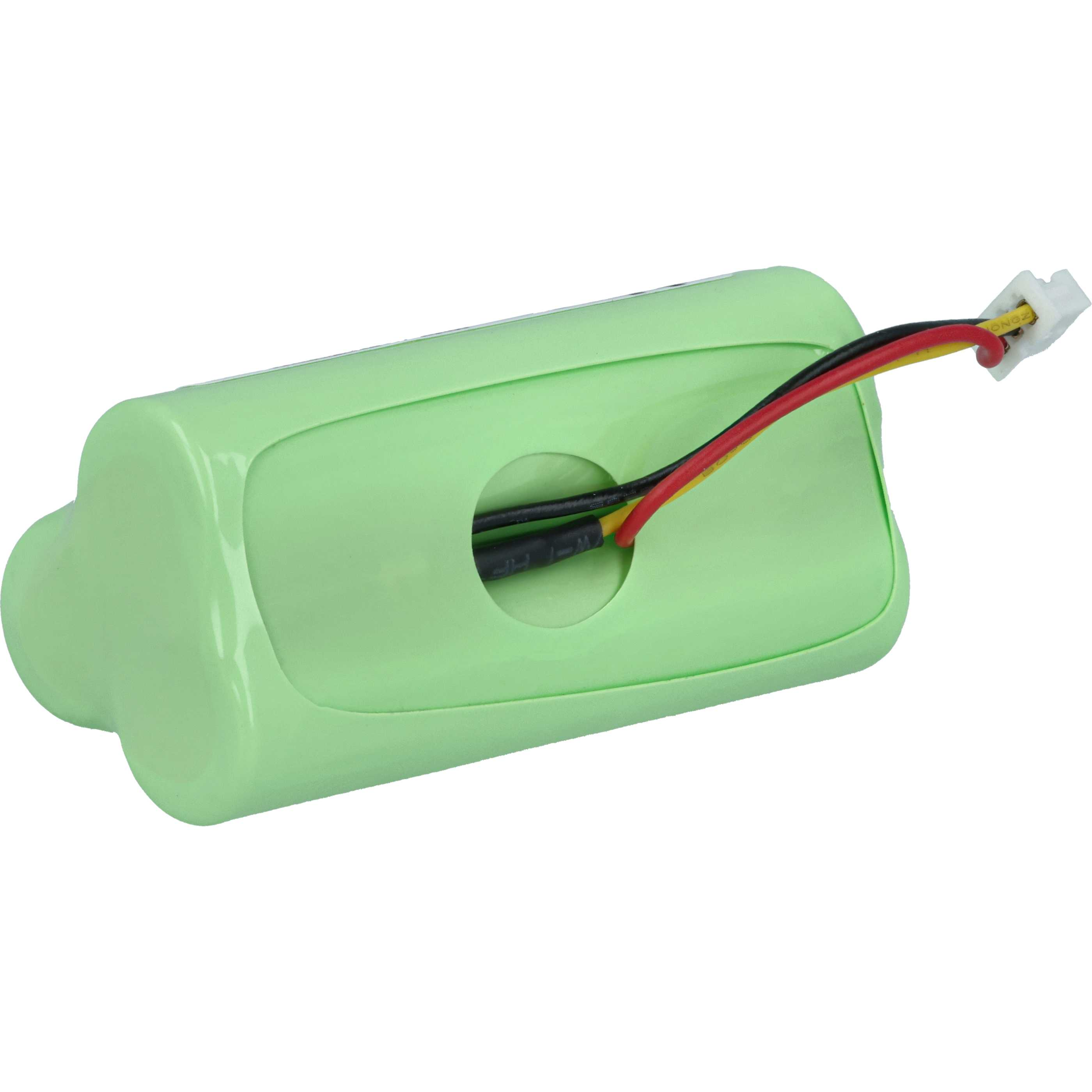 Ein hellgrüner Akku mit schwarzen, roten und gelben Drähten, die aus einem Loch ragen. Ein weißer Stecker ist an den Drähten befestigt.