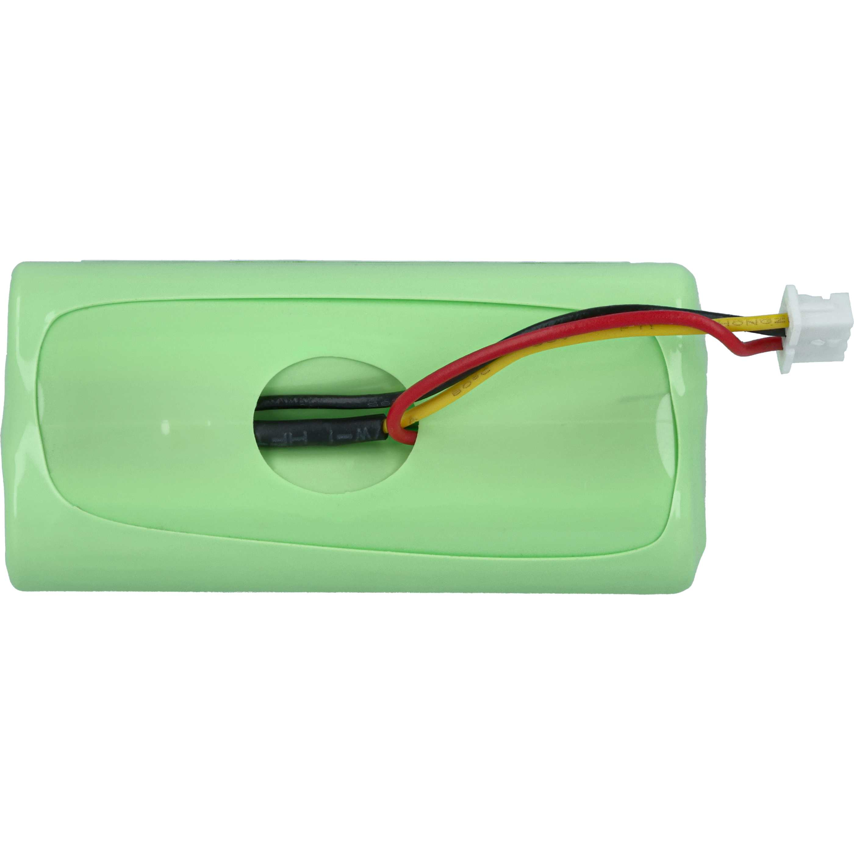 Ein hellgrünes Akku-Pack mit mehrfarbigen Drähten und einem weißen Stecker auf der rechten Seite.