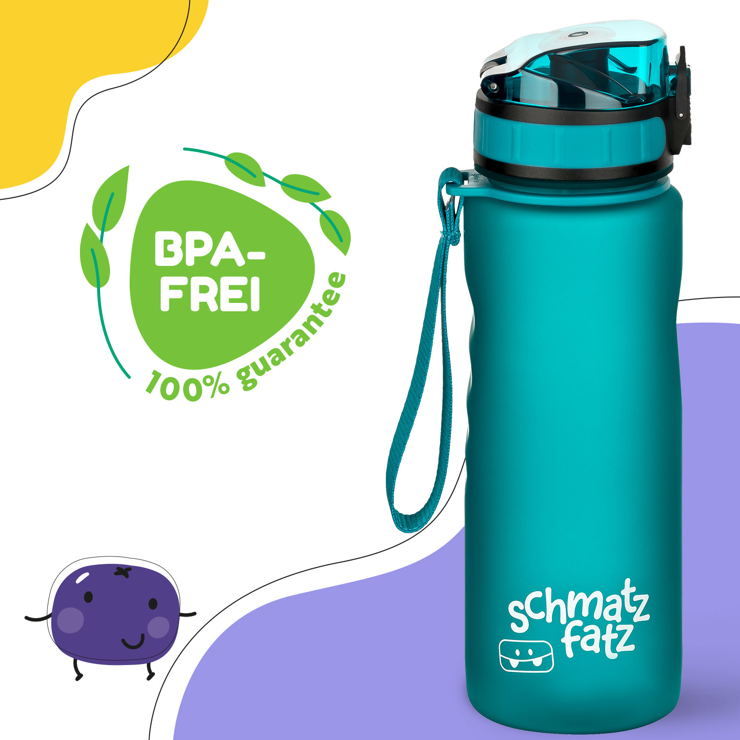 Una borraccia turchese con coperchio bianco. Ha un cinturino e le parole 'schmatz fatz' sono stampate sopra. È visibile un logo verde senza BPA.