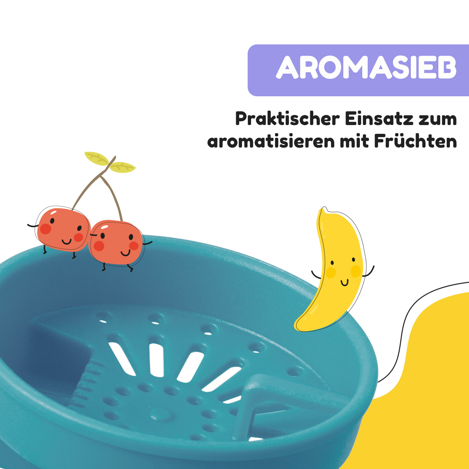 Contenitore blu con ciliegie e banana. Testo: 'Aromasieb'. Uso pratico per aromatizzare con frutta.