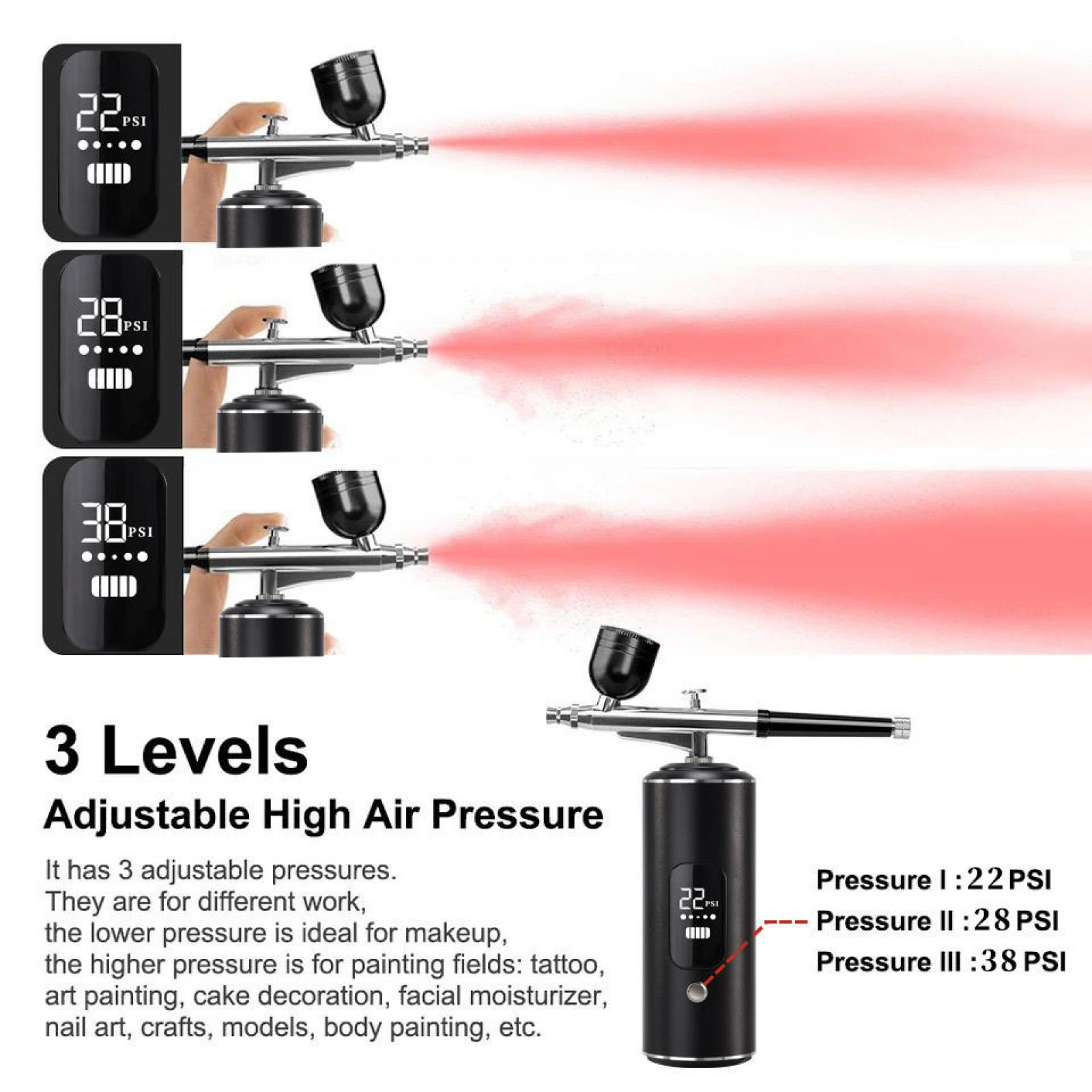 Das Bild zeigt eine Airbrush mit drei Druckeinstellungen: 22, 28 und 38 PSI. Text beschreibt einstellbaren hohen Luftdruck.