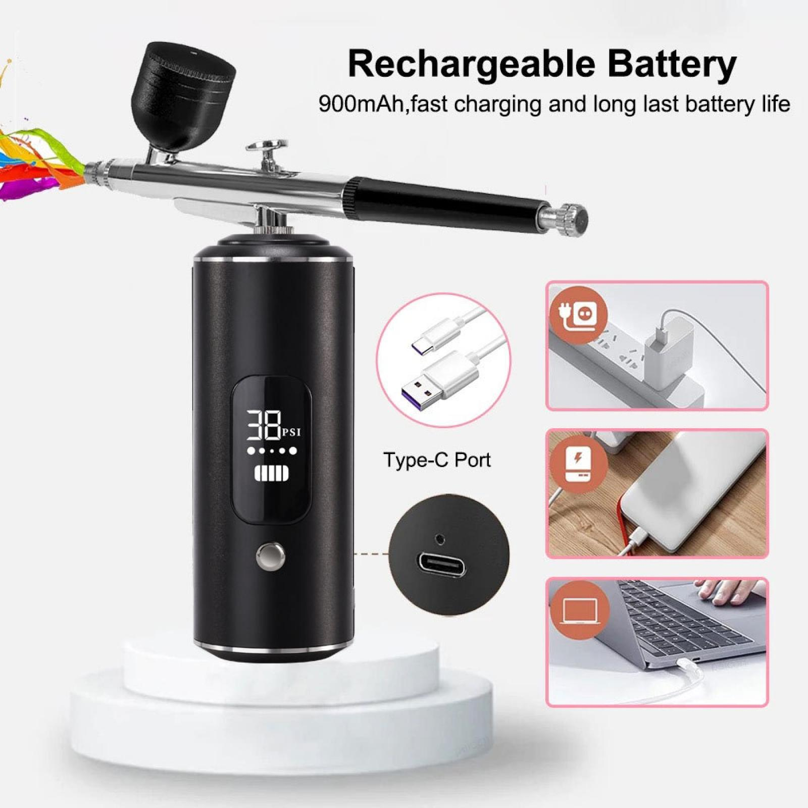 Airbrush-Pistole mit Digitalanzeige. Zeigt 38 PSI an. Verfügt über einen Typ-C-Anschluss und Illustrationen zum Aufladen.