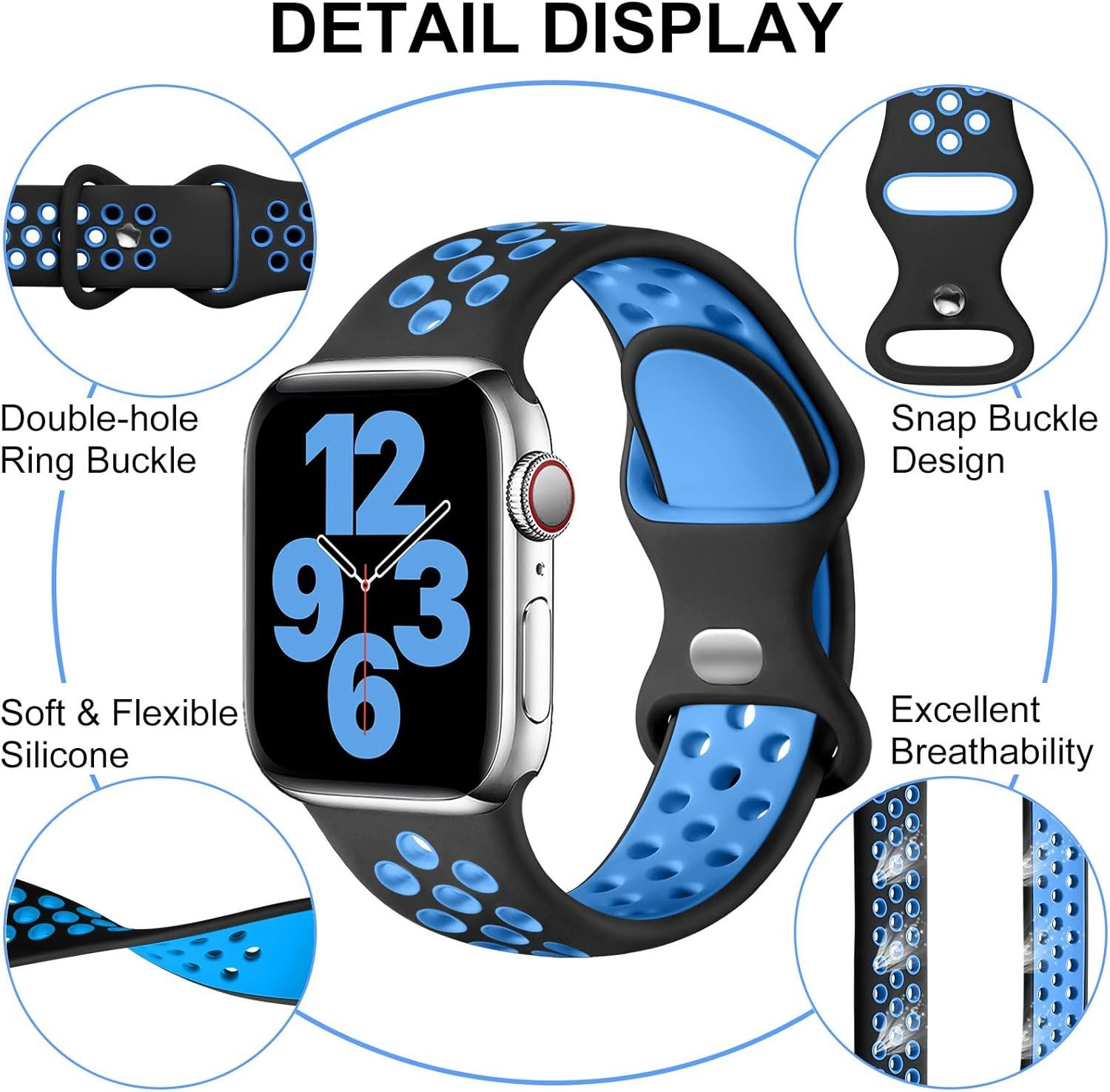 Ein schwarz-blaues Uhrenarmband mit einer Apple Watch. Merkmale sind eine Doppellochschließe, atmungsaktives Design und weiches Silikon.