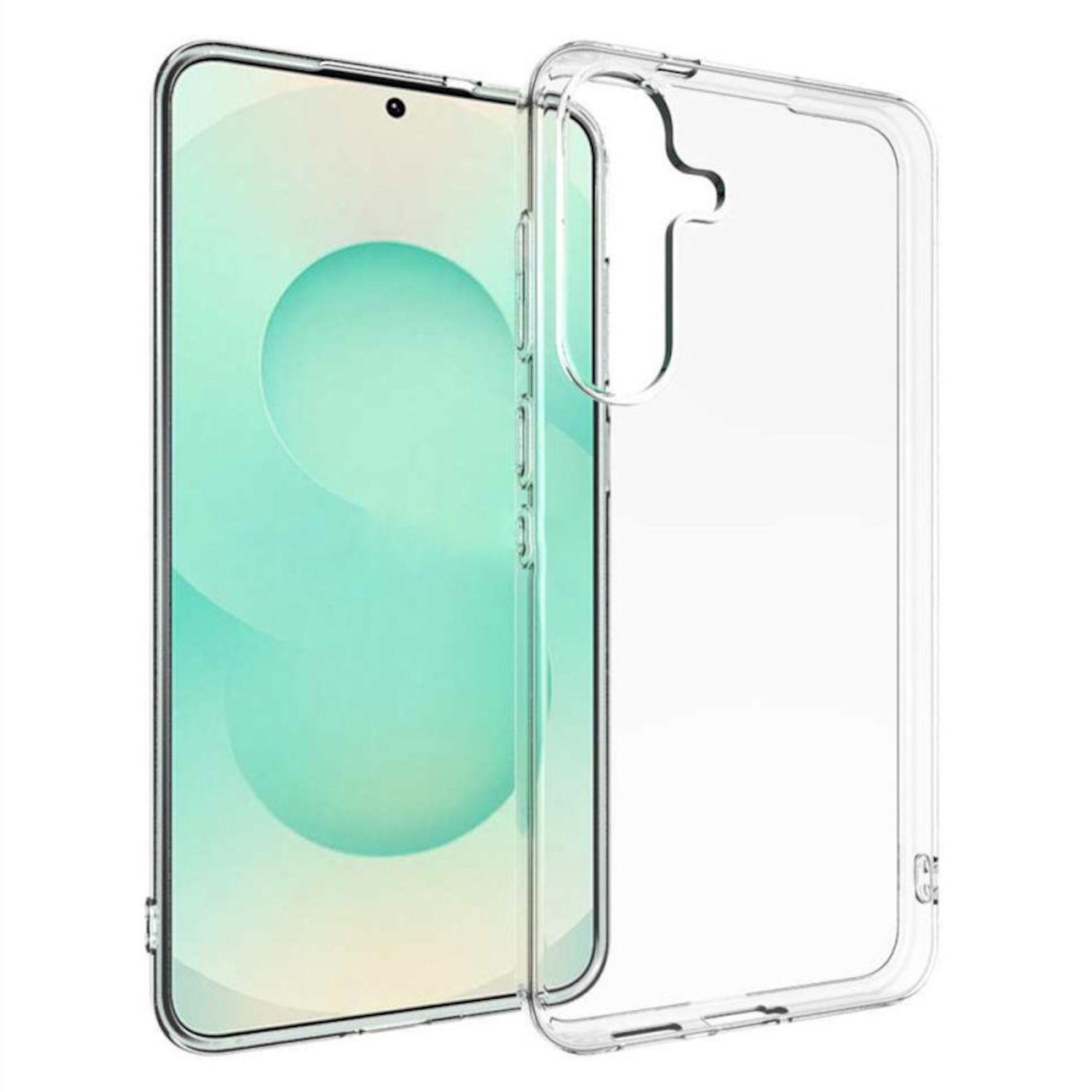 Ein Smartphone mit hellgrünem Bildschirm und einer durchsichtigen Schutzhülle. Die Hülle ist neben dem Telefon positioniert.
