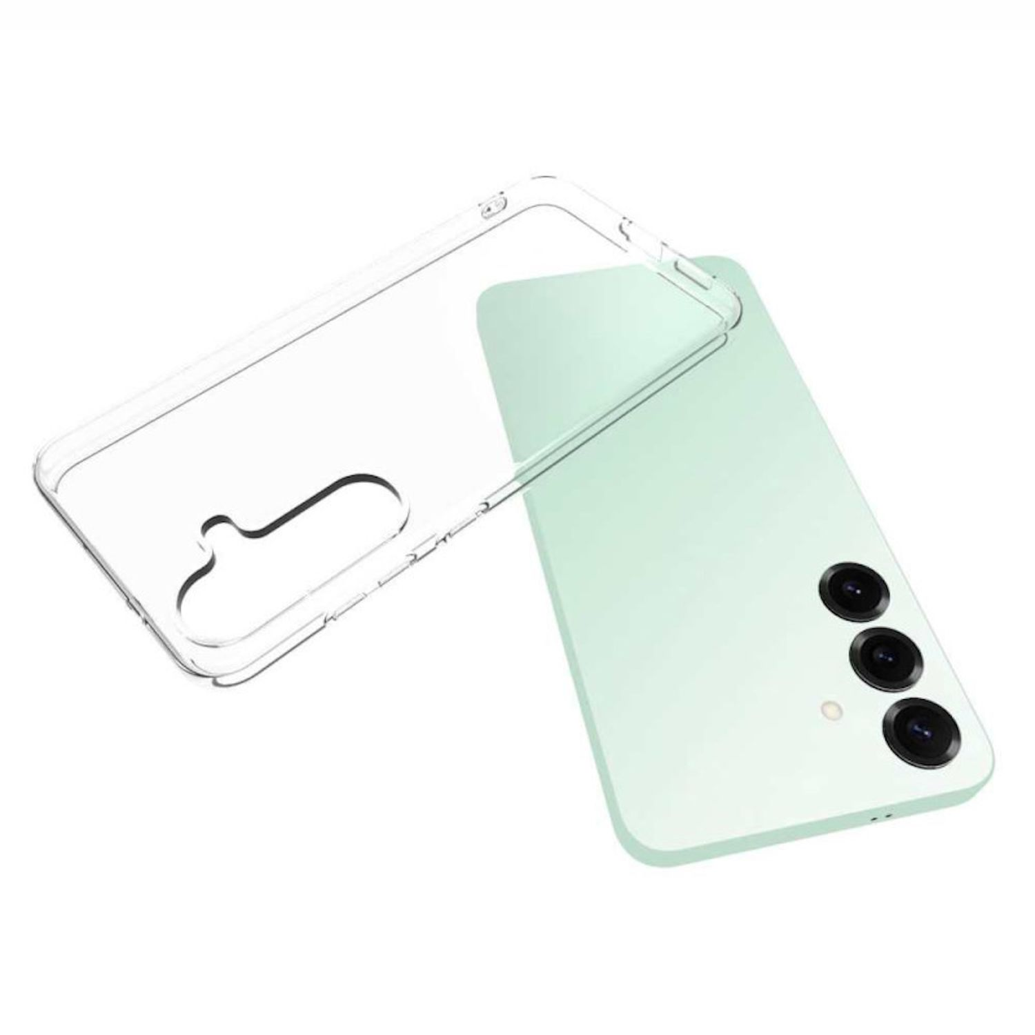Eine transparente Handyhülle und ein hellgrünes Telefon werden angezeigt. Das Telefon hat drei Kameralinsen.