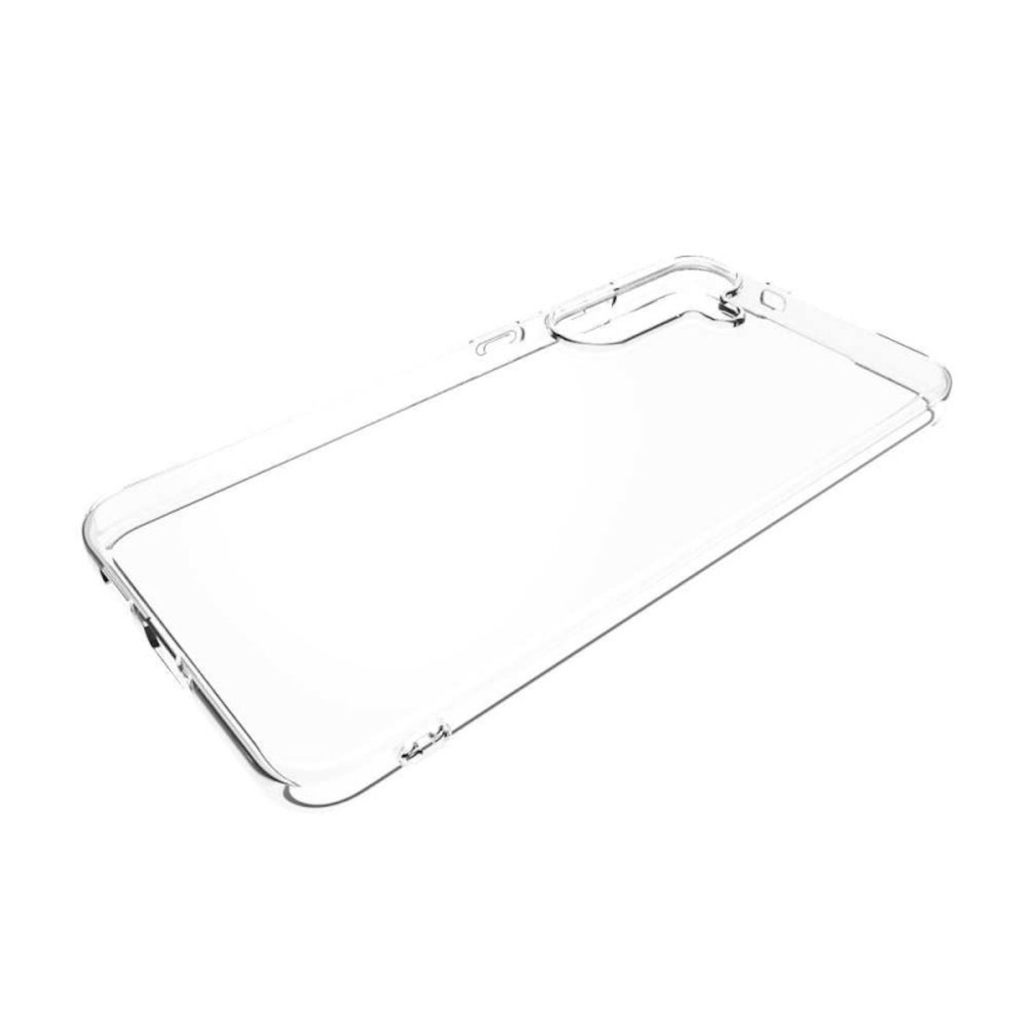 Eine transparente Handyhülle liegt diagonal, oben rechts. Die Hülle ist klar und gibt den weißen Hintergrund frei. Sie ist leer, mit einem schlanken Design.
