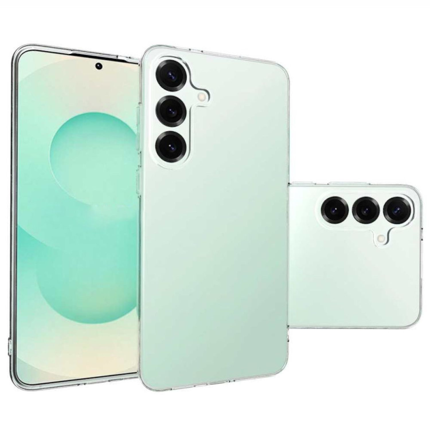 Drei Smartphones in transparenten Hüllen werden gezeigt. Eines ist an und zeigt einen grünen Bildschirm. Zwei sind aus, nur die Rückseite.
