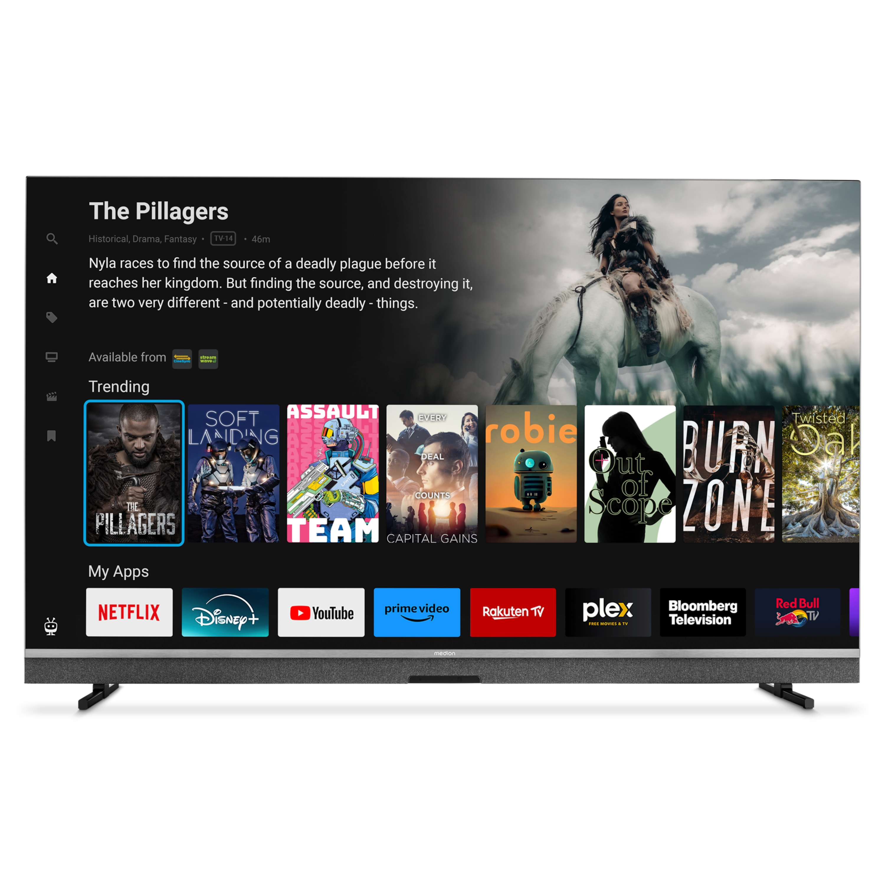 Ein Fernseher zeigt Streaming-Inhalte. Zu den Shows gehören 'The Pillagers'. Apps auf dem Bildschirm: Netflix, Disney+, YouTube, Prime Video und mehr.