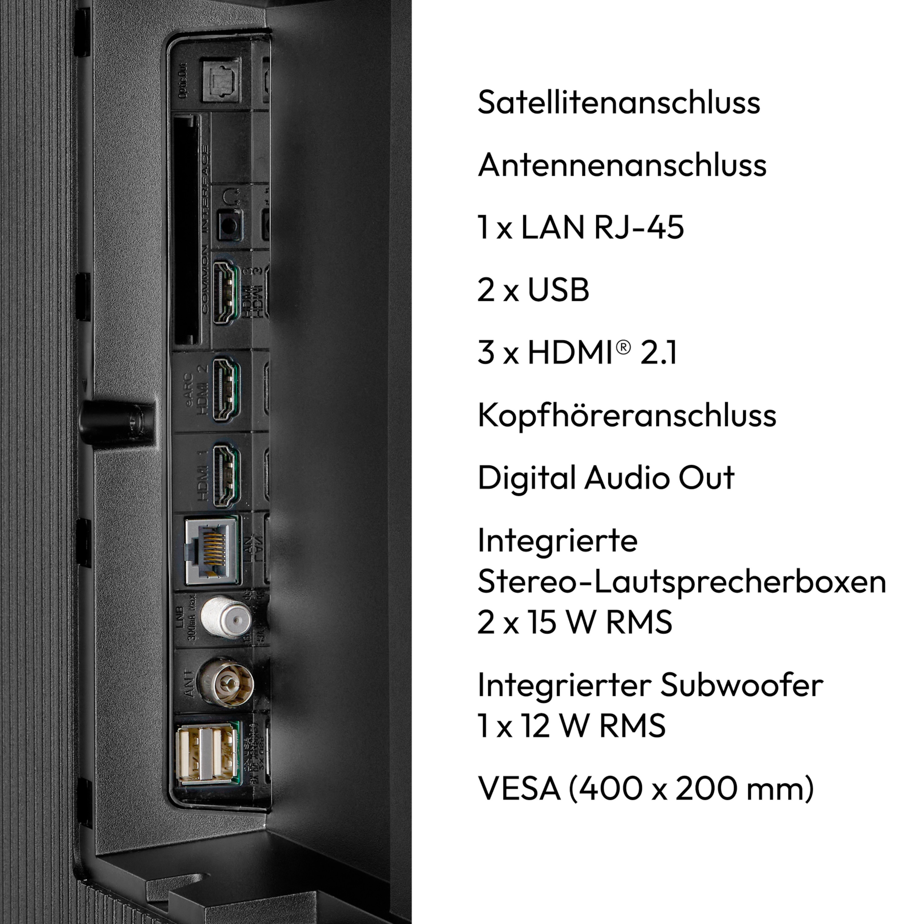 Rückseite des Fernsehgeräts mit verschiedenen Anschlüssen und Spezifikationen, einschließlich HDMI, USB und Audioausgängen.