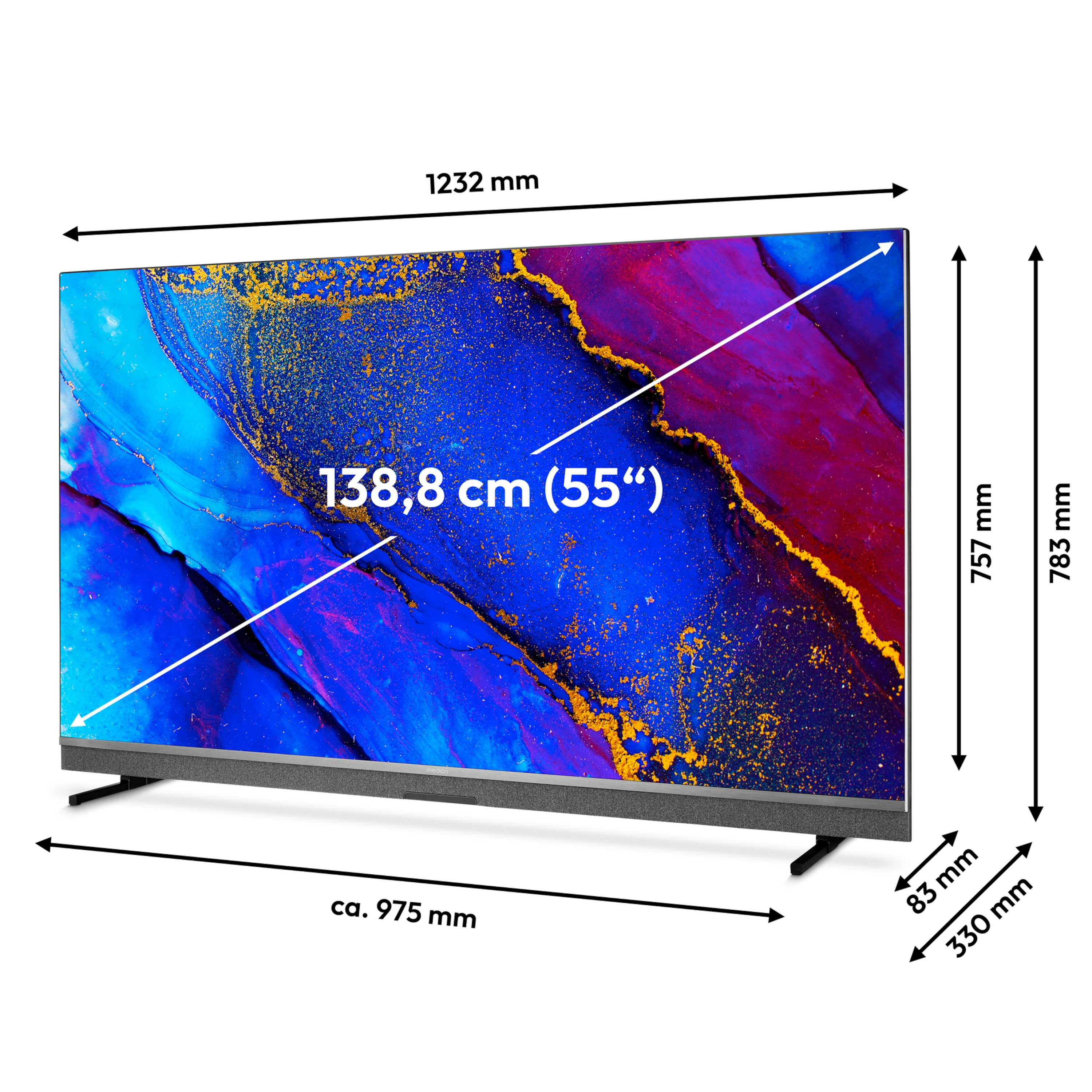 Ein Fernseher mit blau-goldener Anzeige. Maße sind angegeben: 1232 mm breit, 783 mm hoch und ca. 975 mm Basis.