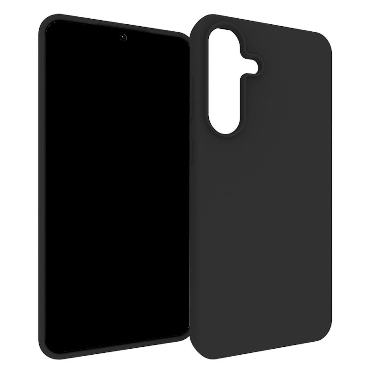 Ein schwarzes Smartphone und eine passende Handyhülle werden angezeigt. Der Bildschirm des Telefons ist schwarz, die Hülle hat einen Kameraausschnitt.