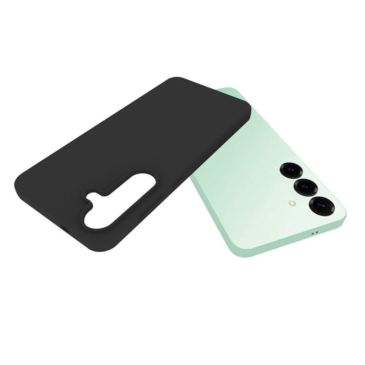Gezeigt werden eine schwarze Handyhülle und ein hellgrünes Handy. Die Hülle liegt über dem Telefon. Das Telefon hat drei schwarze Kameralinsen.