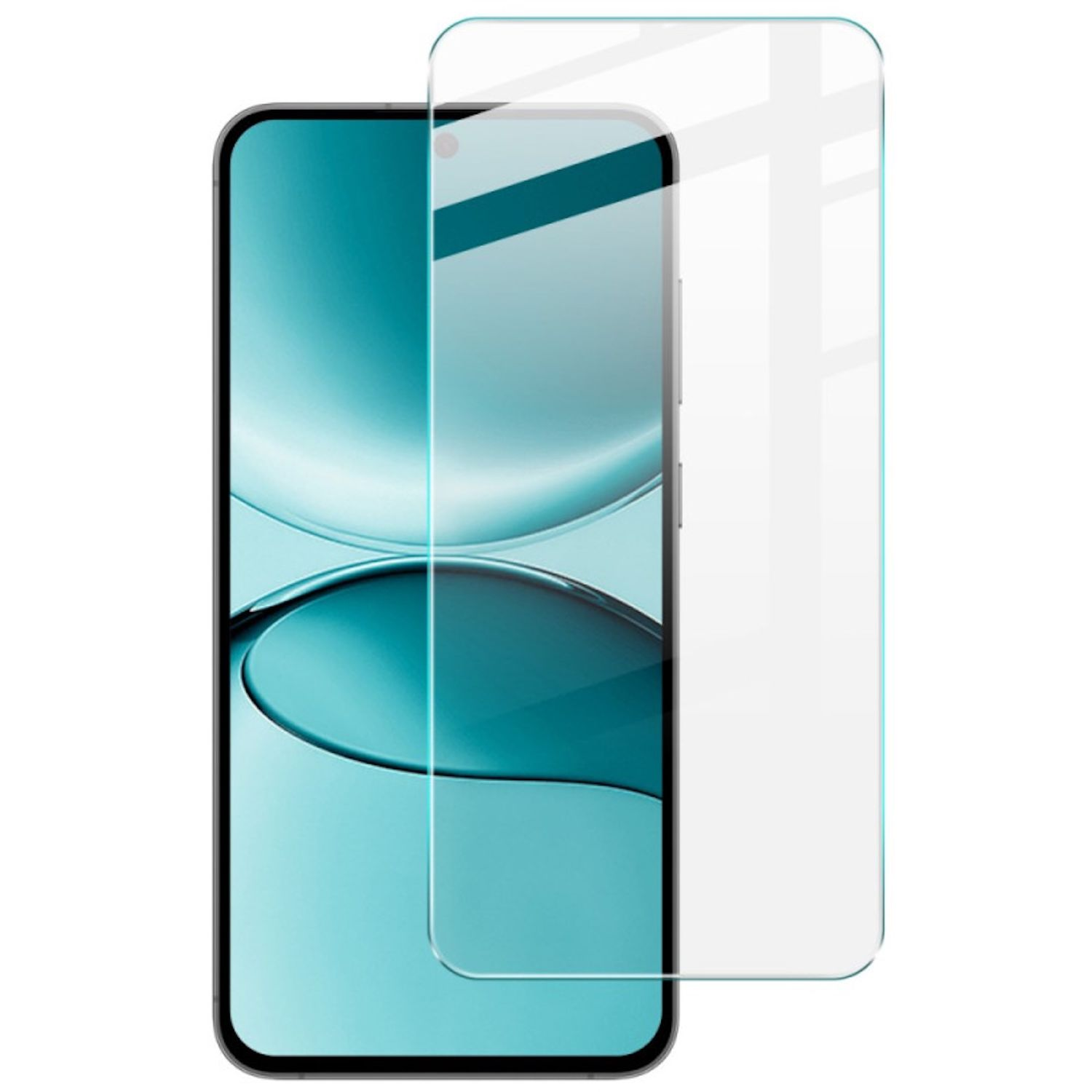 Ein Smartphone mit angebrachtem Displayschutz. Das Telefon ist schwarz, der Bildschirm zeigt einen blauen Farbverlauf. Der Schutz ist klar.