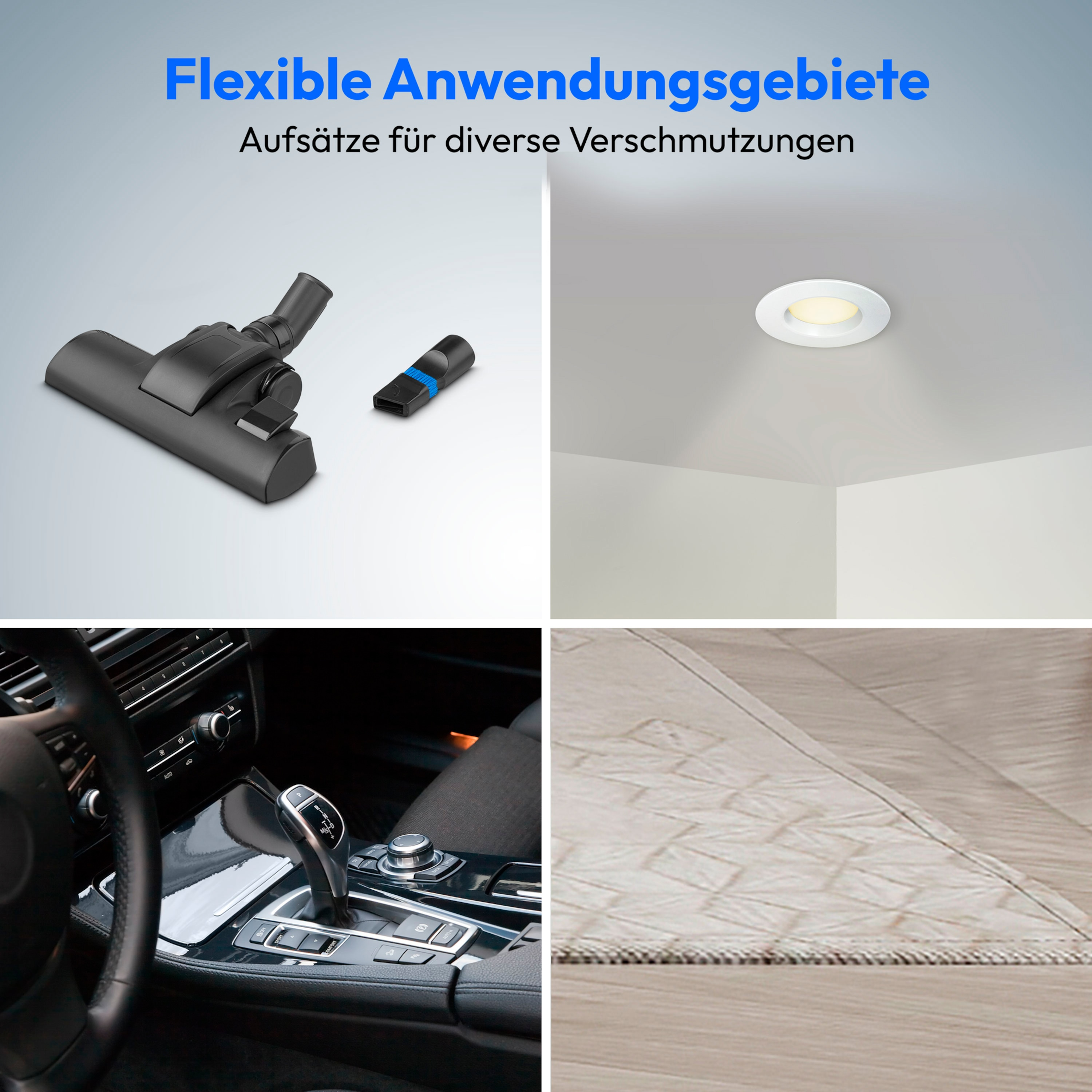 Collage von Staubsaugeraufsätzen, Deckenleuchte, Autointerieur und Teppich.