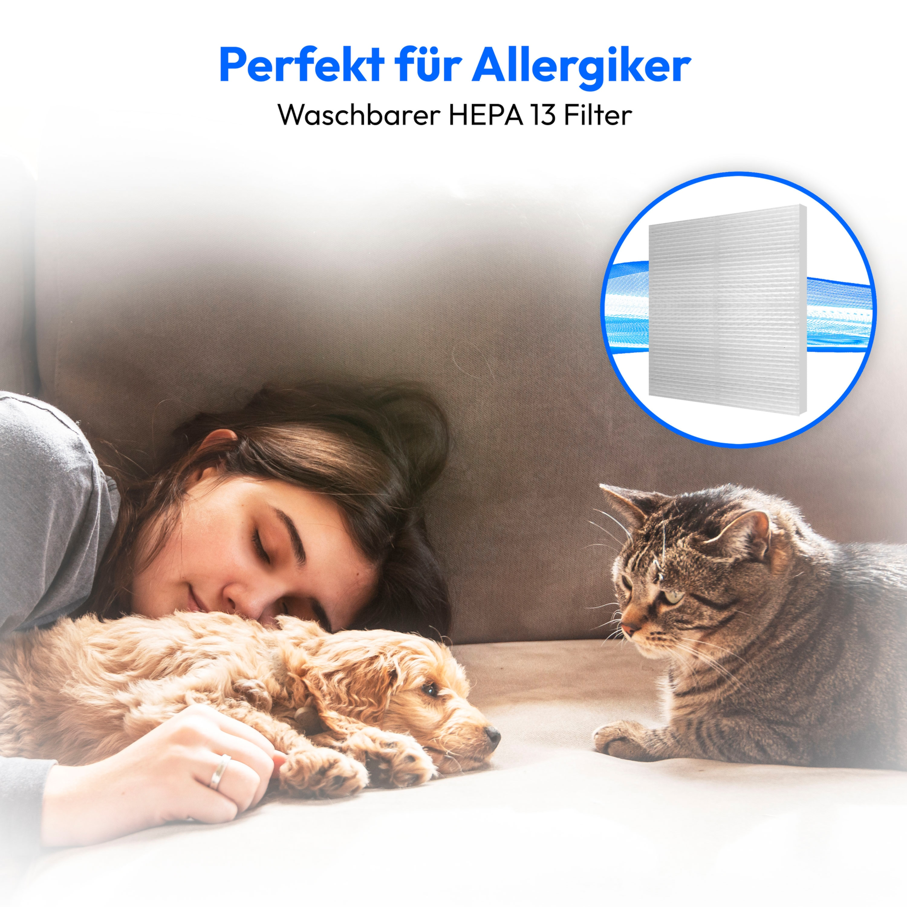 Eine Frau, ein Welpe und eine Katze entspannen sich auf einem Sofa. Ein HEPA-Filter wird in einem Kreis gezeigt. Text: 'Perfekt für Allergiker'.