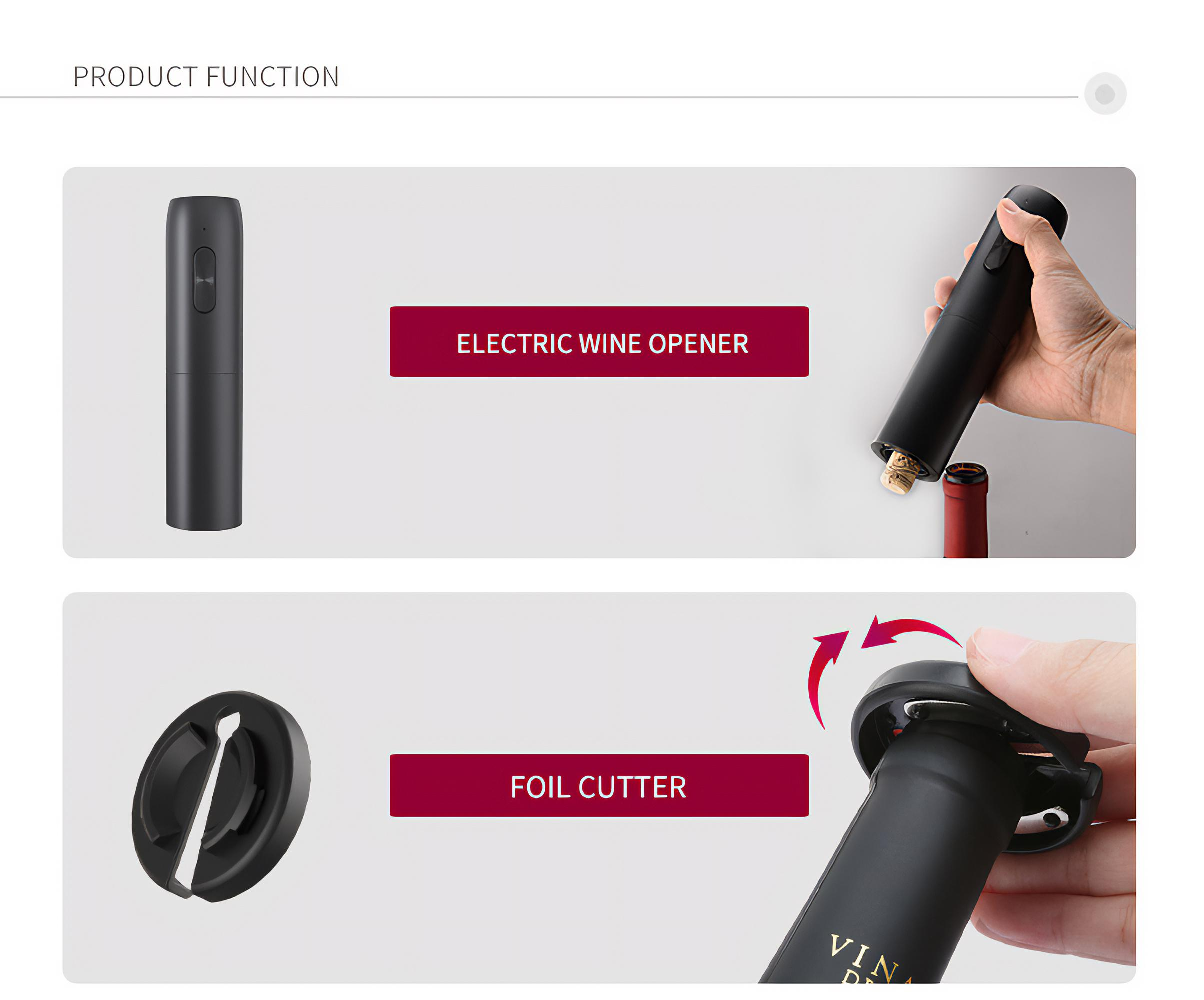 Ein elektrischer Weinöffner mit Korken, ein Folienschneider und eine Weinflasche werden gezeigt. Eine Hand benutzt beides.