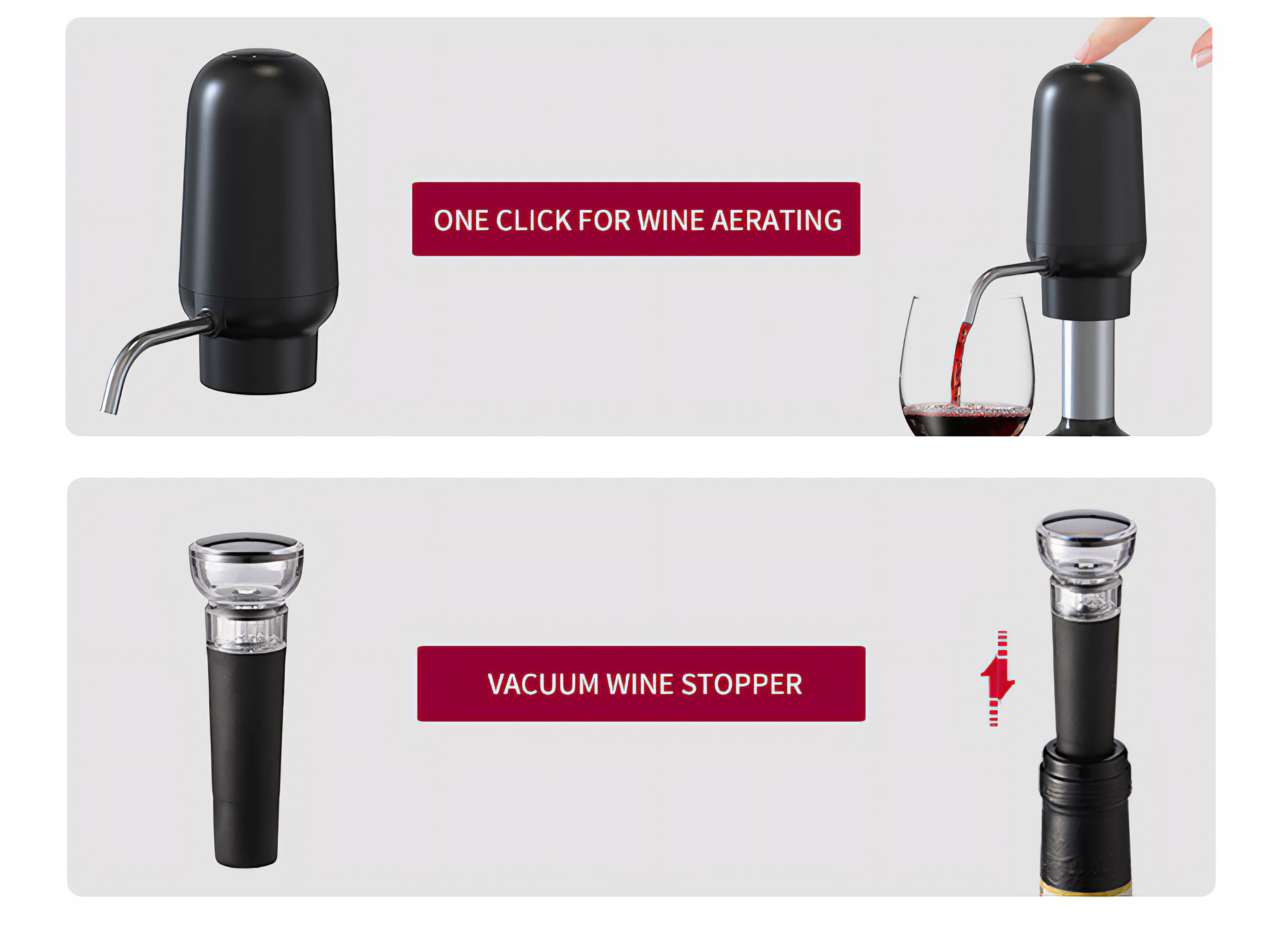 Das Bild zeigt einen Weinbelüfter und einen Vakuum-Weinstopfen. Wein wird in ein Glas gegossen. Anweisungen werden gegeben.