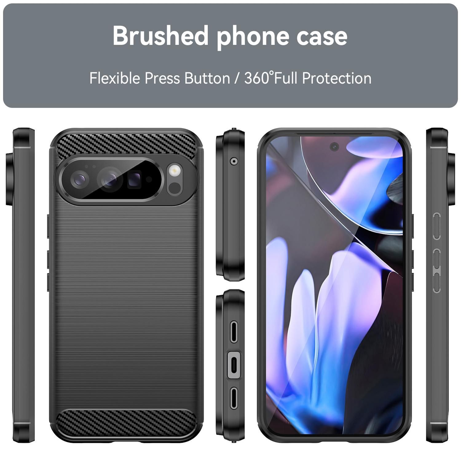 Eine schwarze Handyhülle mit gebürsteter Textur wird aus verschiedenen Blickwinkeln gezeigt. Text sagt 'Brushed phone case' und 'Flexible Press Button'.