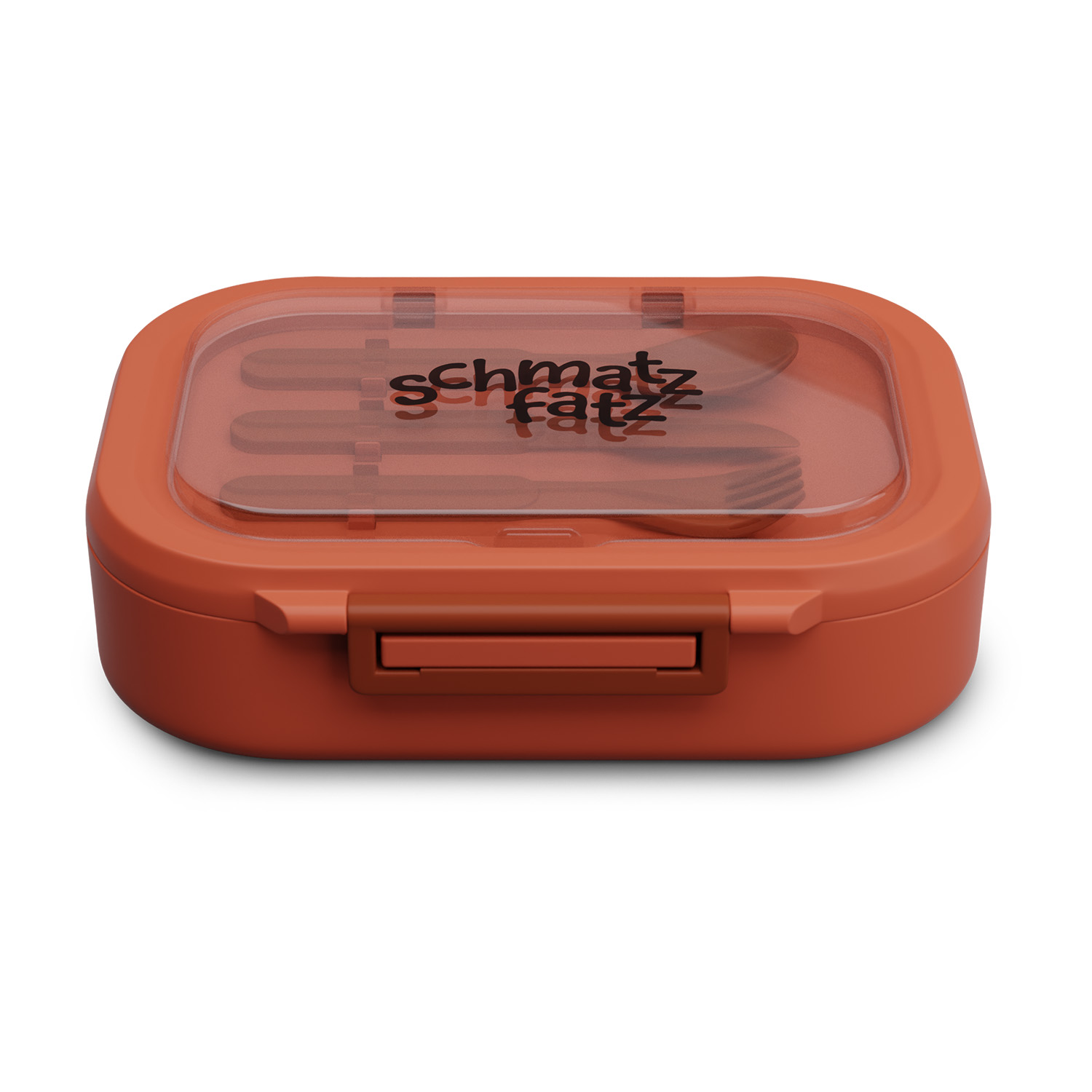 Eine orangefarbene Lunchbox mit einem durchsichtigen Deckel. Auf dem Deckel steht 'schmatz fatz'. Die Lunchbox ist geschlossen und liegt auf einer weißen Oberfläche.