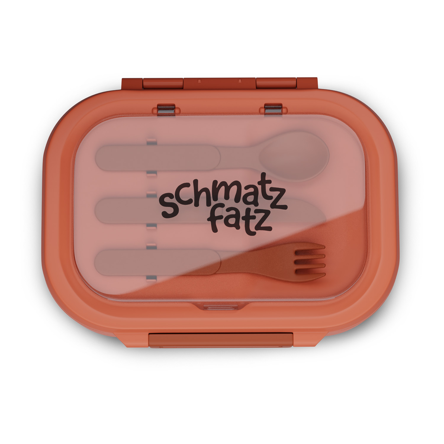 Eine orangefarbene Brotdose mit durchsichtigem Deckel. Im Inneren befinden sich braune Utensilien und das Wort 'schmatz fatz'.