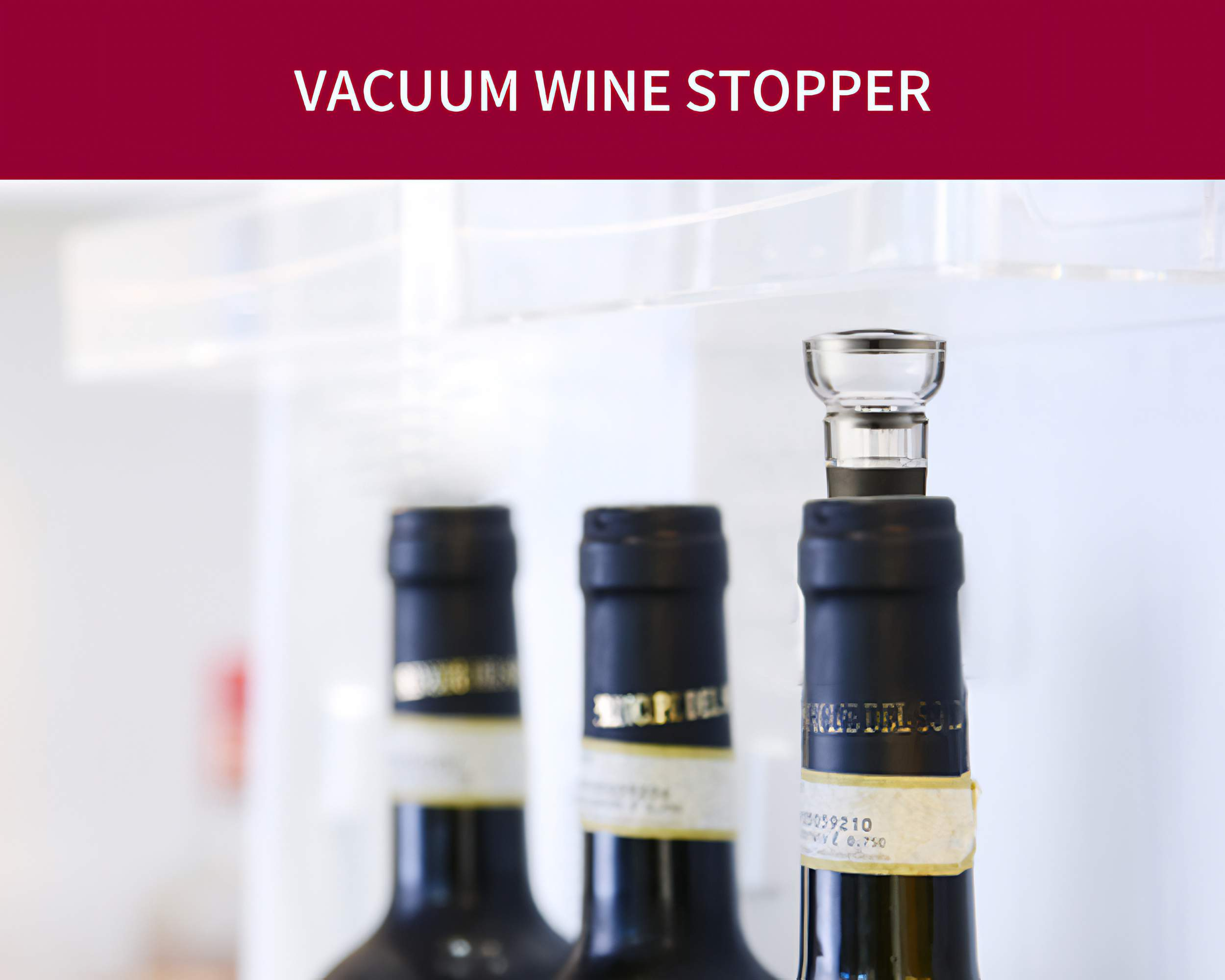 Weinflaschen mit Vakuumstopfen. Der Stopfen befindet sich auf einer Flasche. Der Hintergrund ist unscharf.
