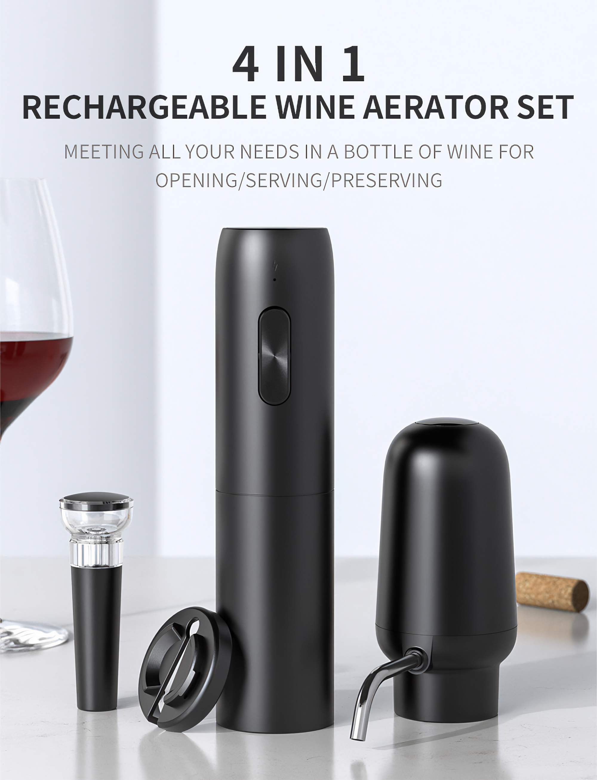 Ein 4-in-1-Set mit wiederaufladbarem Weinbelüfter mit schwarzen Komponenten. Enthält einen Belüfter, Korkenzieher und andere Weinwerkzeuge.