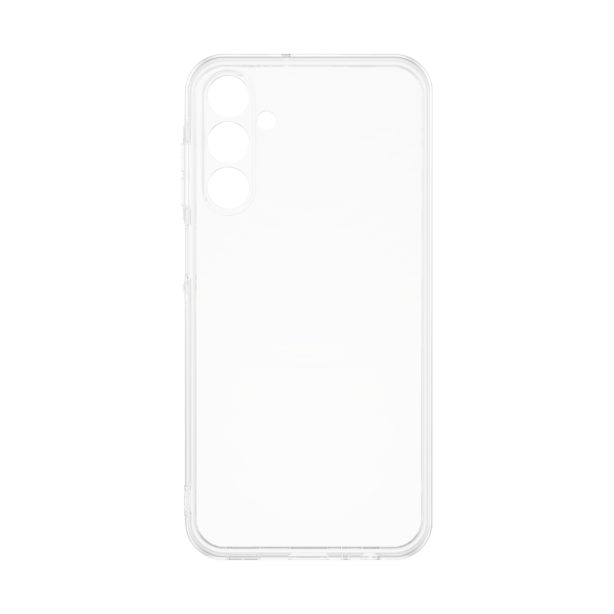 Una custodia trasparente per telefono. Ha tre fori per la fotocamera e un design trasparente, che mostra un'estetica minimalista su sfondo bianco.