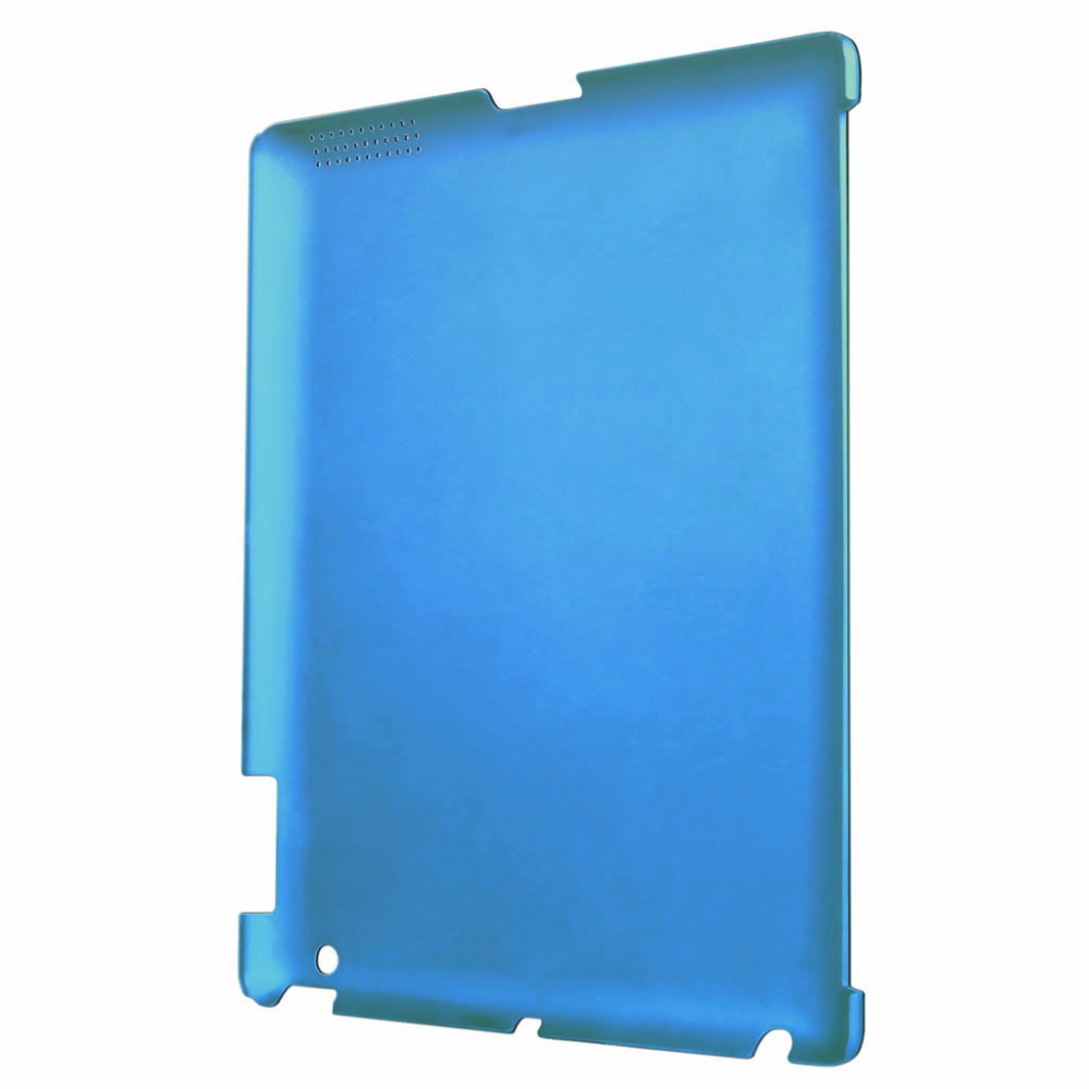 Una custodia blu per tablet è mostrata su sfondo bianco. Ha ritagli per pulsanti e altoparlanti. La custodia ha una superficie liscia.