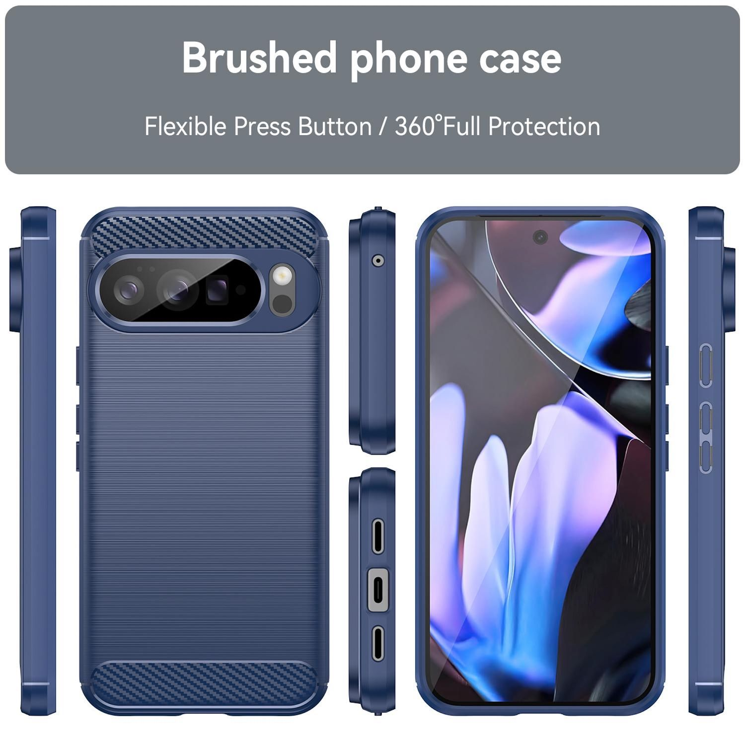 Eine blaue Handyhülle mit gebürsteter Textur wird aus verschiedenen Blickwinkeln gezeigt. Oben steht 'Brushed phone case'.