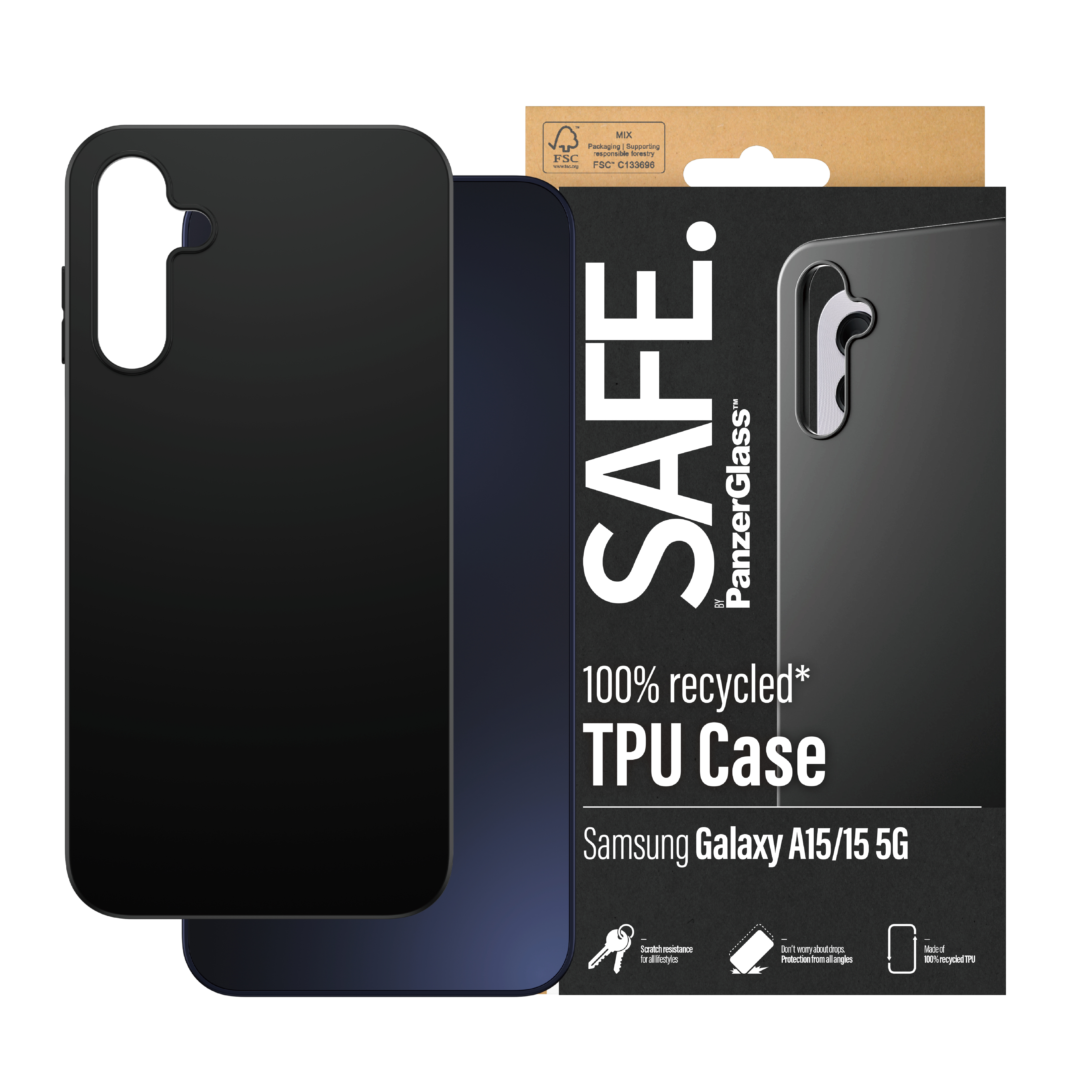 Una custodia nera per telefono su sfondo bianco. La custodia è per un Samsung Galaxy A15/15 5G. La scatola dice SAFE.