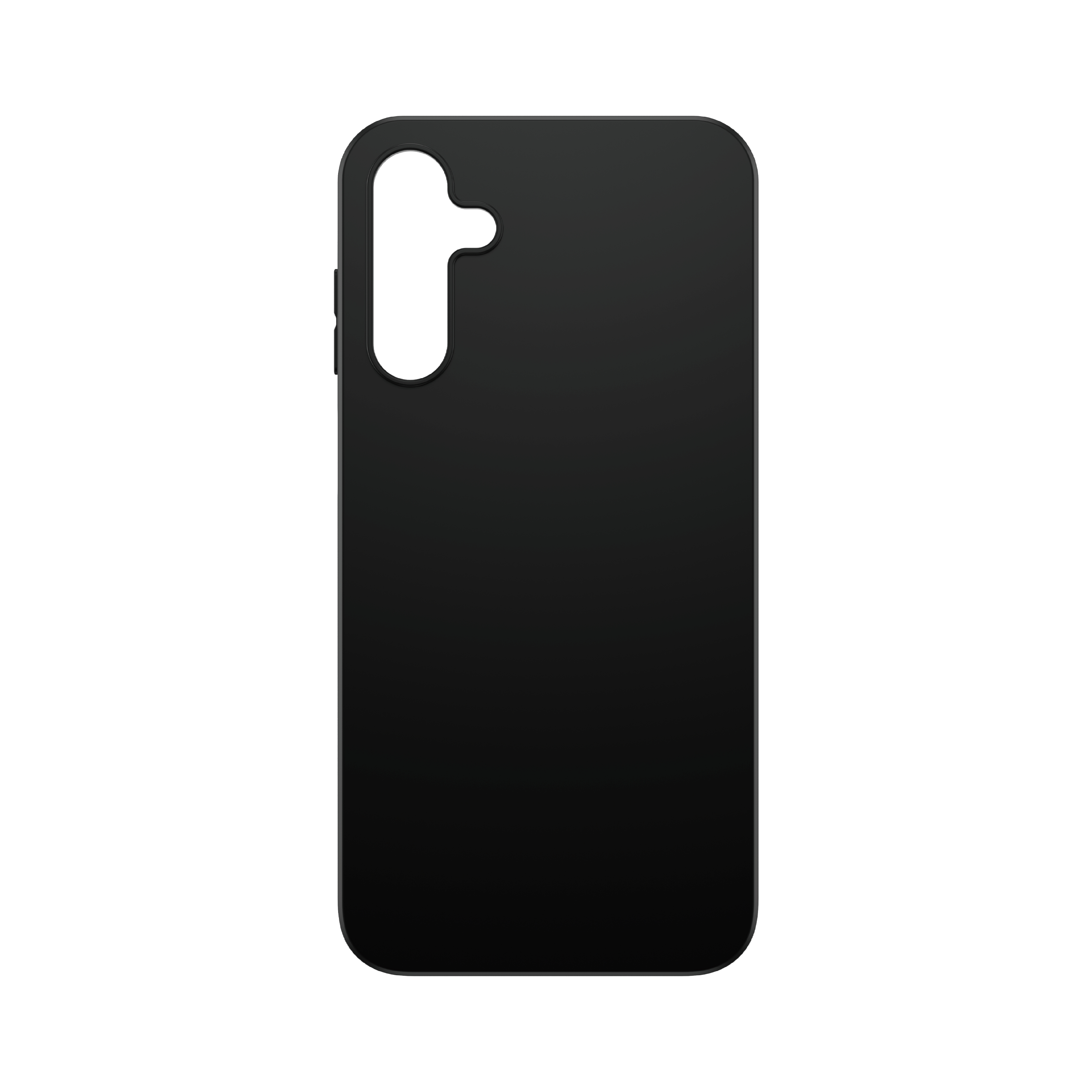 Custodia nera per telefono con foro per fotocamera su sfondo bianco. La custodia è rettangolare, angoli arrotondati.