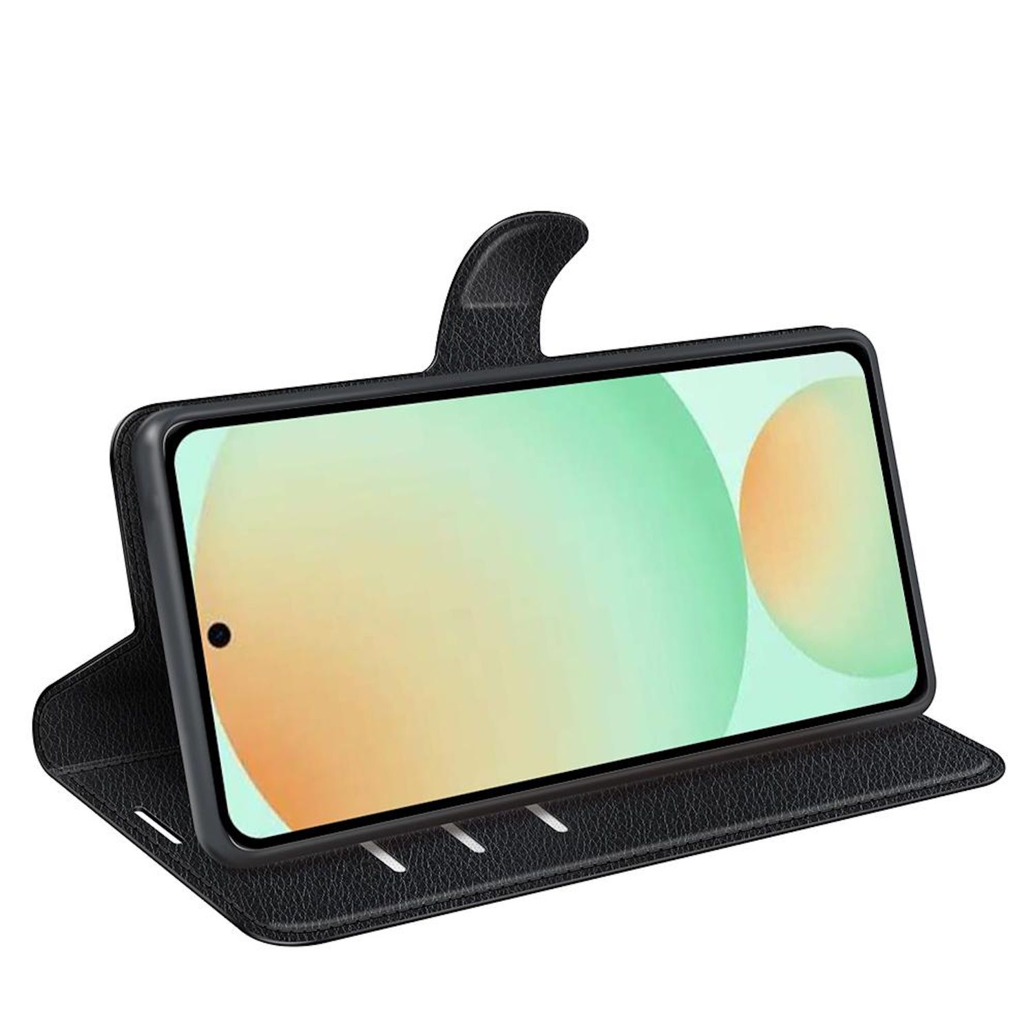 Un teléfono negro en una funda de cuero negra. La pantalla del teléfono muestra círculos verdes y amarillos. La funda está abierta.