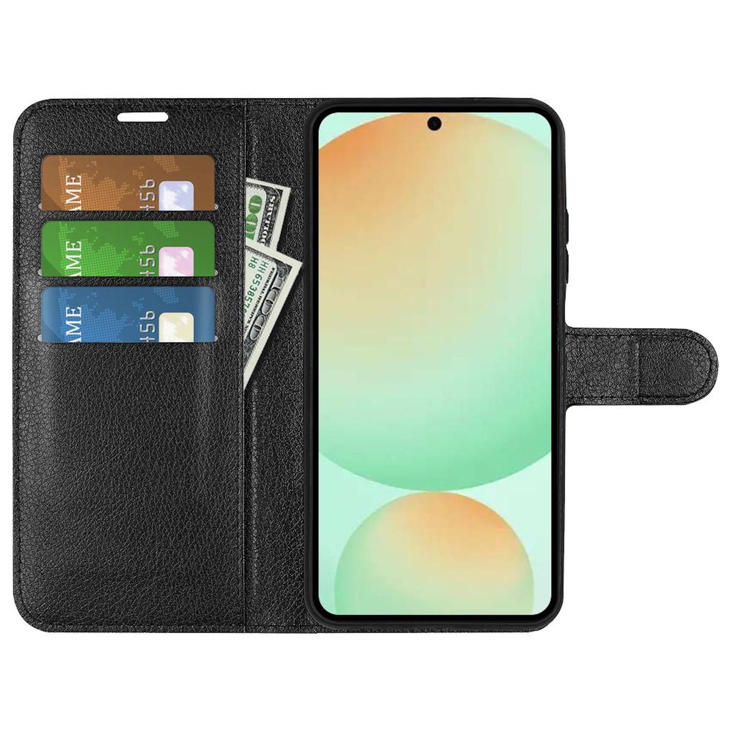 Funda de teléfono negra con tarjetas y billetes. La pantalla muestra un degradado verde y naranja.