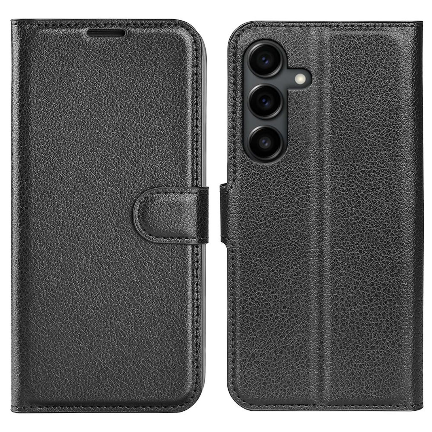 Funda de teléfono de cuero negro, abierta para mostrar el lado del teléfono con tres cámaras y un flash. El lado cerrado es de cuero liso.