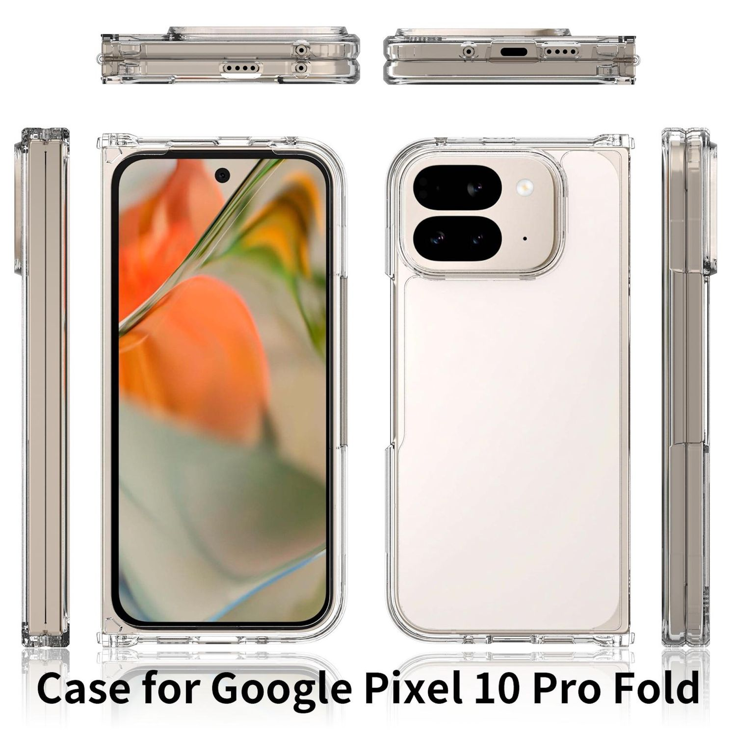 Transparente Handyhülle für Google Pixel 10 Pro Fold. Mehrere Ansichten zeigen Designdetails, darunter Kamera und Faltmechanismus.
