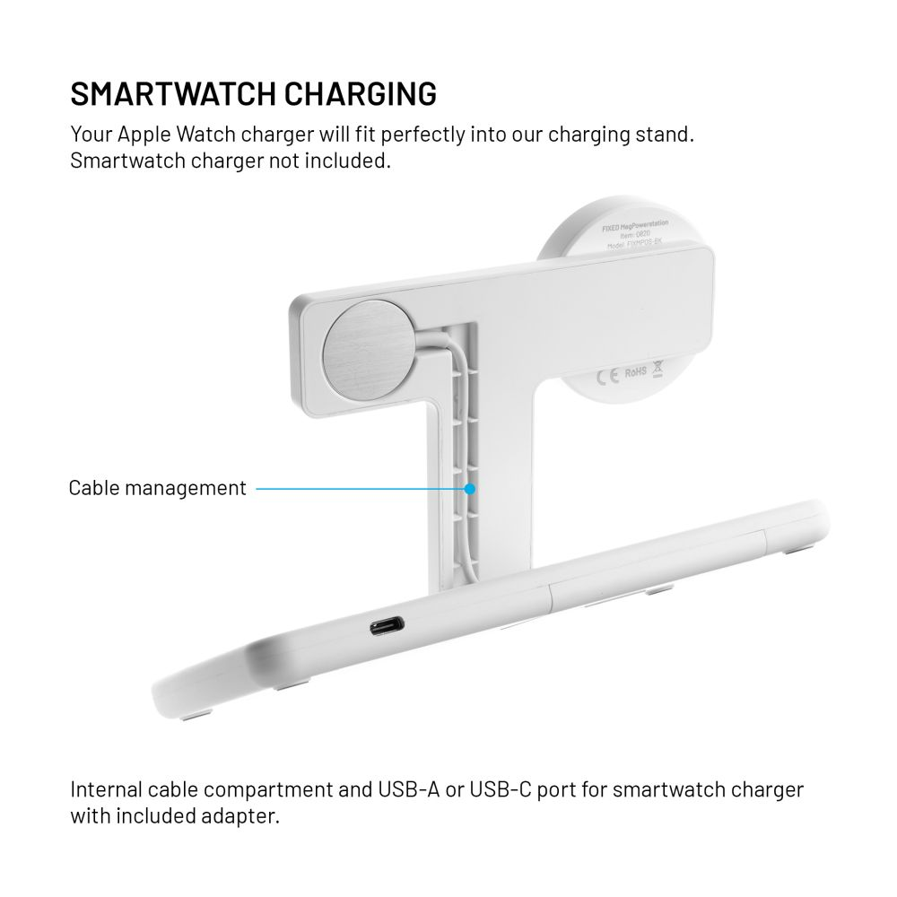 Weißer Smartwatch-Ladeständer mit Kabelmanagement und USB-A- oder USB-C-Anschluss. Text: Smartwatch Charging.