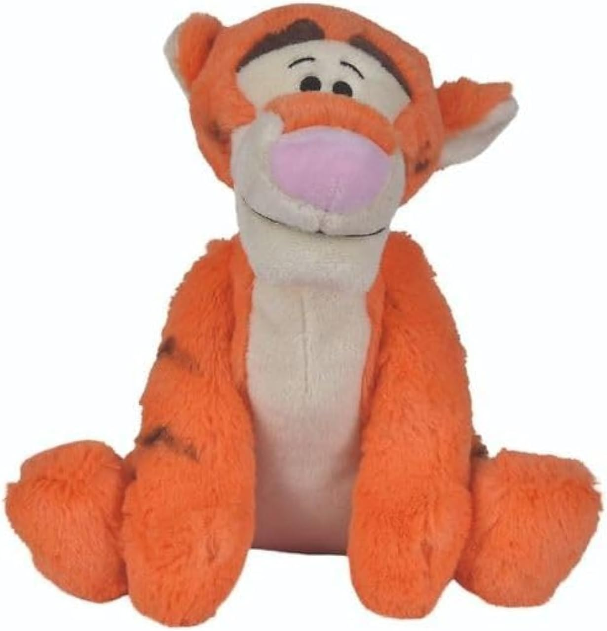 Ein Kuscheltier von Tigger aus Winnie the Pooh, orange mit schwarzen Streifen. Es hat eine rosa Nase und einen weißen Bauch.
