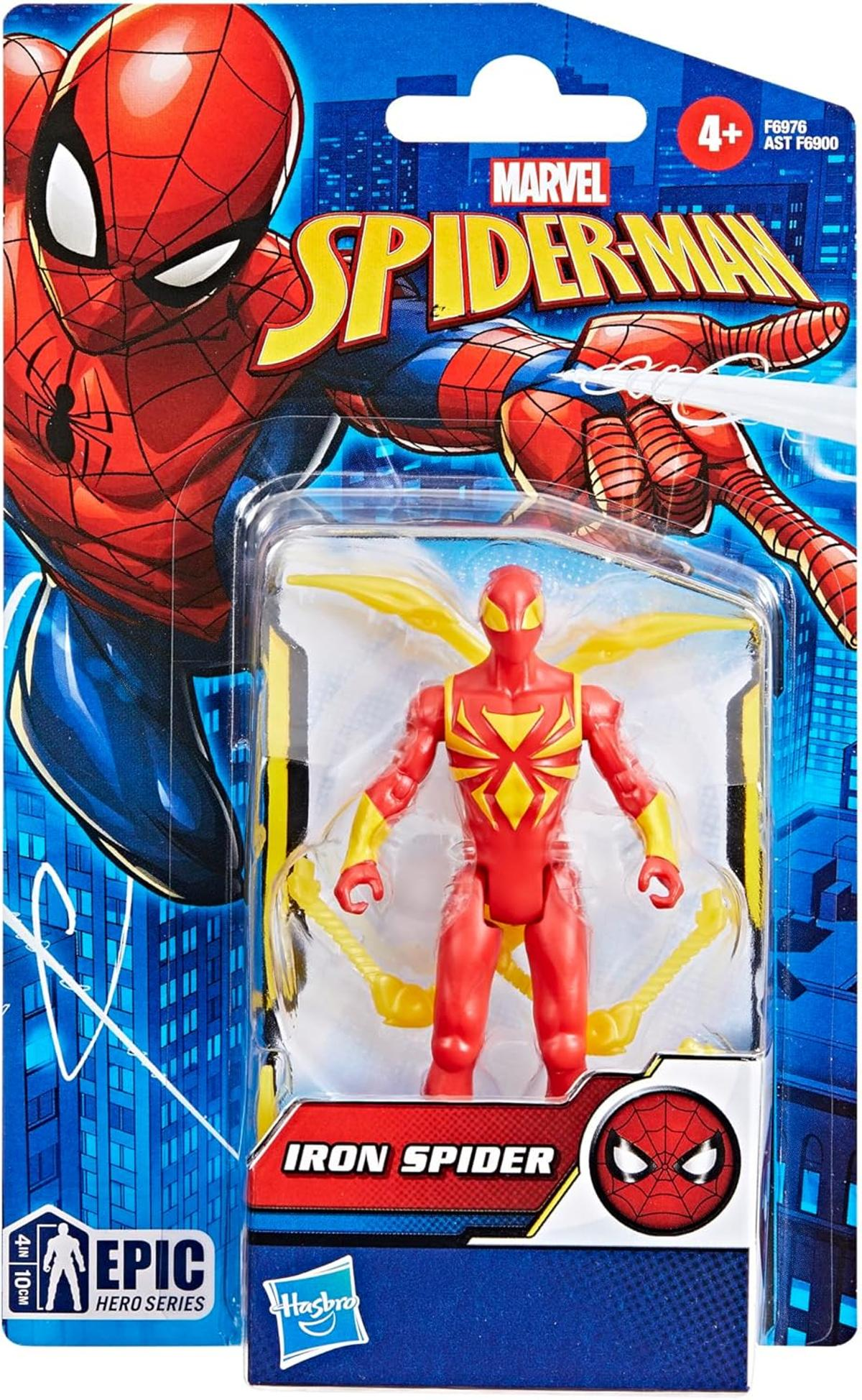 Eine Iron Spider Marvel-Actionfigur in einer Verpackung. Die Figur ist rot und gelb. Die Verpackung zeigt Spider-Man und Produktdetails.