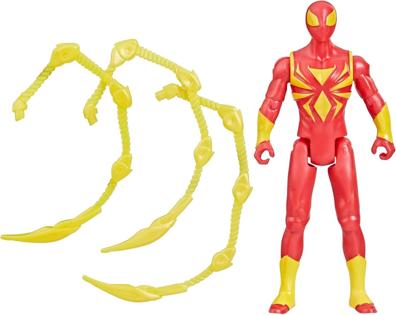 Rote und gelbe Spider-Man-Actionfigur mit abnehmbaren gelben Spinnenbein-Zubehörteilen auf weißem Hintergrund.
