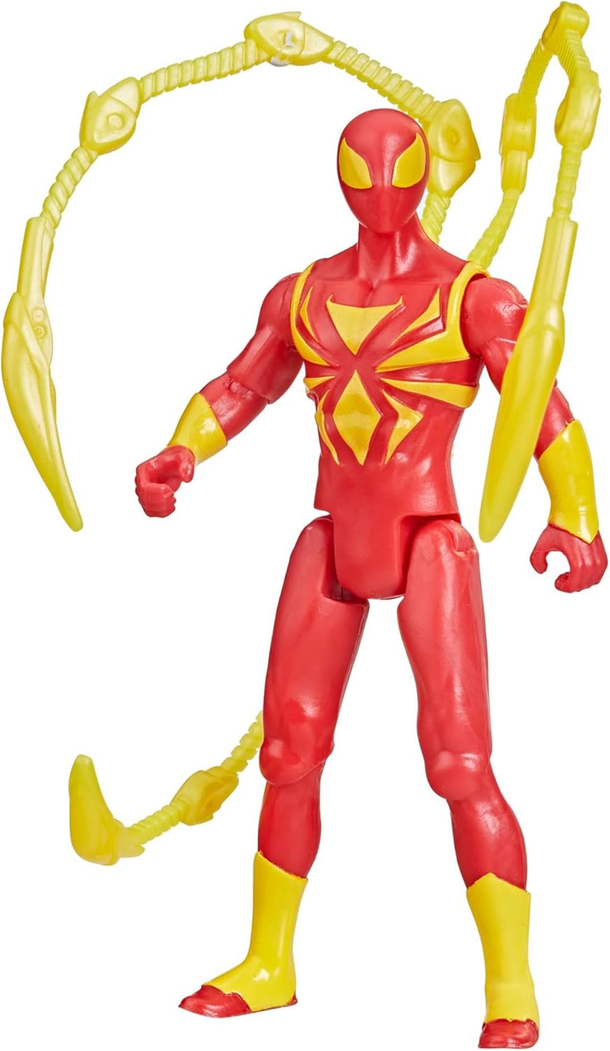 Rote und gelbe Spider-Man-Actionfigur mit beweglichen Gliedmaßen und gelben Aufsätzen. Es hat ein Spinnenemblem auf der Brust.