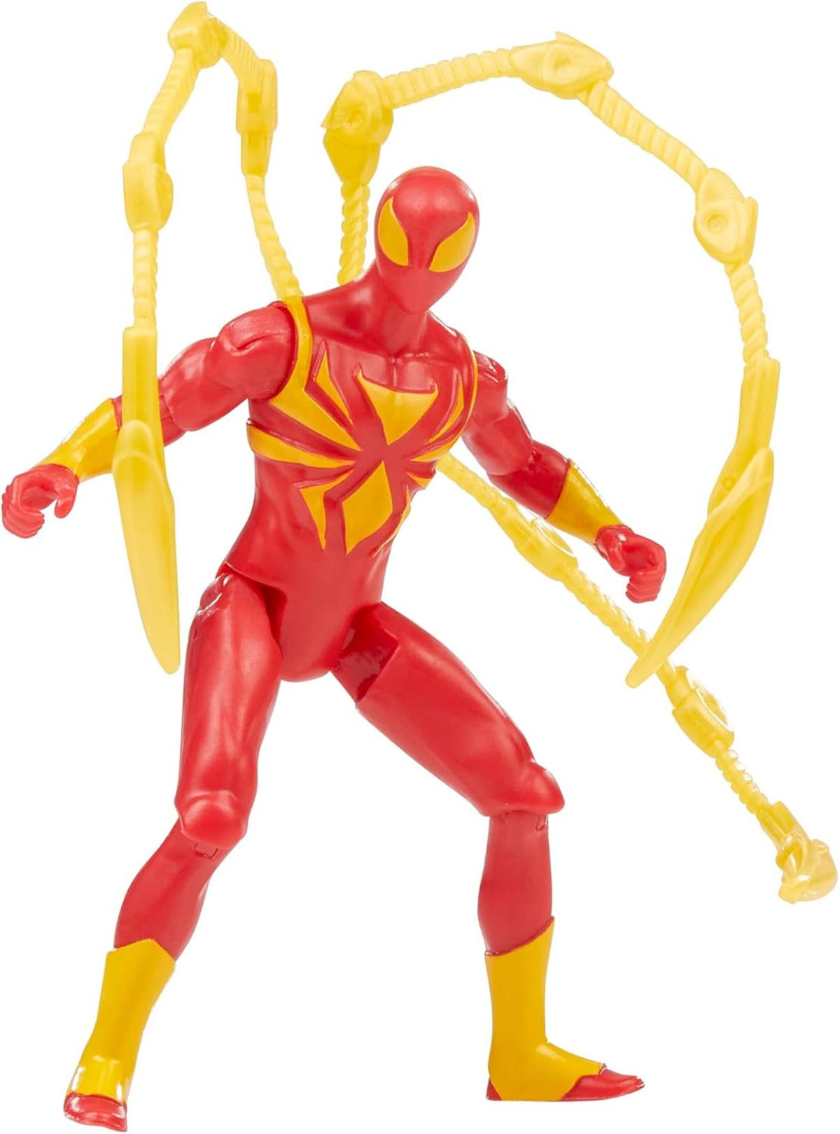 Eine rote Spider-Man-Actionfigur mit gelben Akzenten. Sie hat vier gelbe mechanische Arme. Die Figur befindet sich in einer dynamischen Pose.