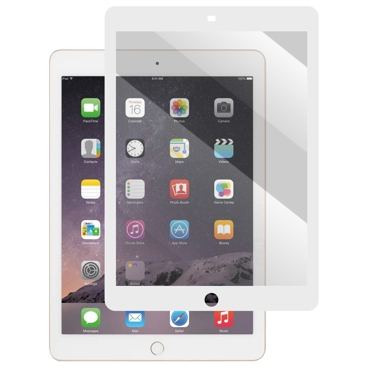 Due iPad, uno con protezione schermo. Icone visibili: Calendario, Foto, Fotocamera, Orologio, Mappe, Video, App Store, Musica, Impostazioni.