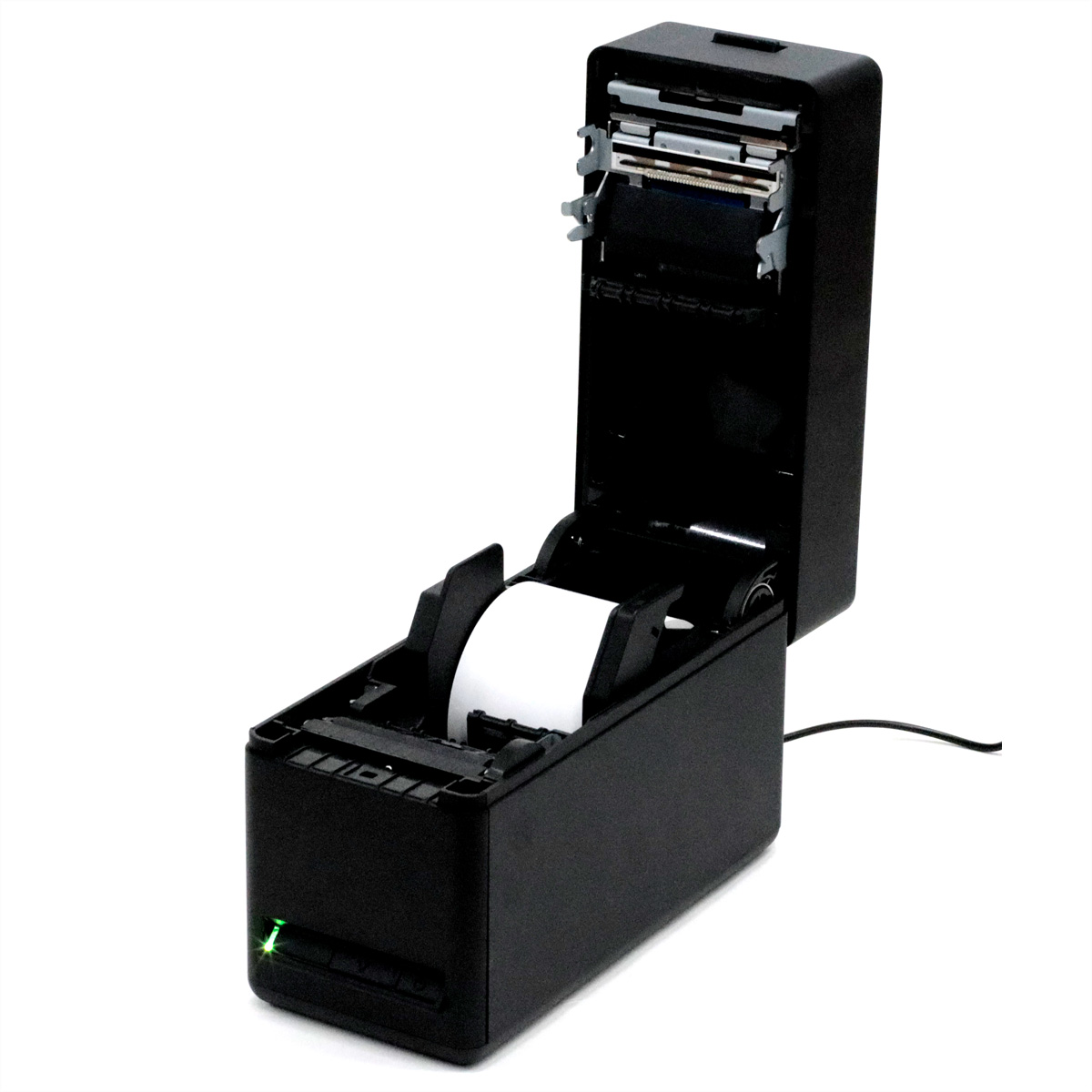 Ein schwarzer Thermodrucker mit geöffneter Oberseite. Im Inneren befindet sich eine Rolle weißes Papier. Ein grünes Licht leuchtet.