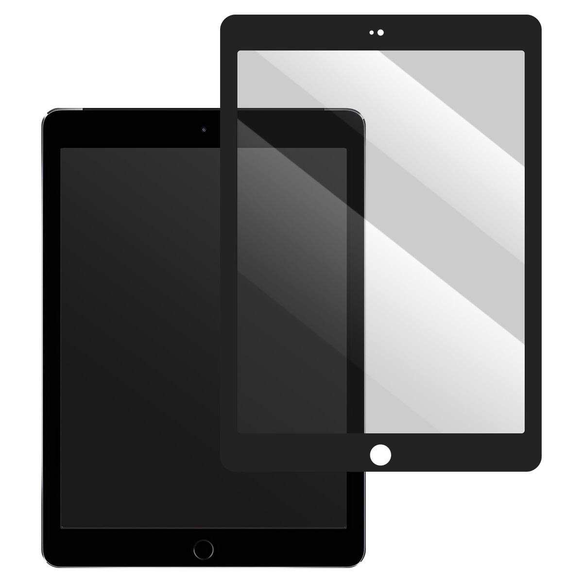 Tre tablet neri si sovrappongono. Il più grande ha uno schermo bianco e due punti. Un tablet più piccolo è al centro.