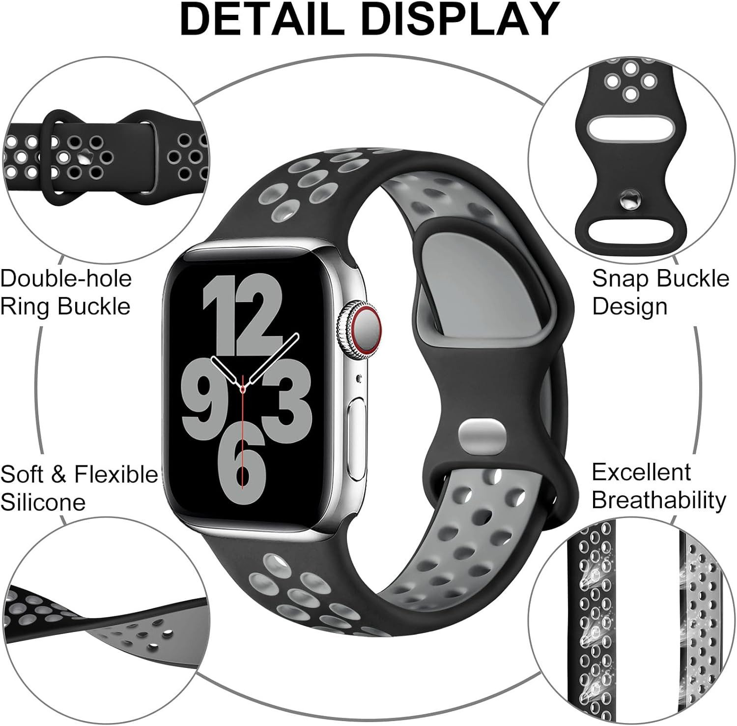 Eine Apple Watch mit einem schwarz-grauen Armband wird gezeigt. Das Armband hat eine Doppellochschnalle und ein Schnappverschlussdesign. Die Uhr hat Atmungsaktivität.