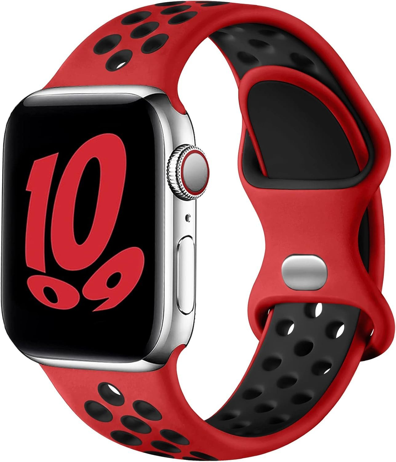 Apple Watch mit rotem und schwarzem Armband. Das Zifferblatt zeigt eine große rote "10". Das Armband hat schwarze Löcher.