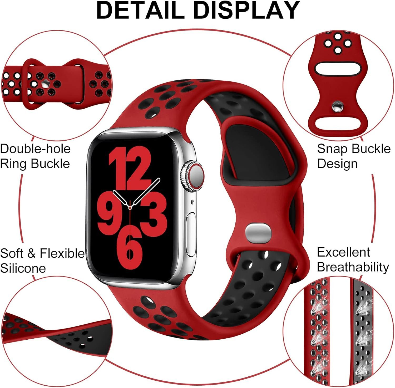Detailansicht eines rot-schwarzen Uhrenarmbands mit Uhr. Merkmale sind eine Doppelloch-Schnalle und Atmungsaktivität.